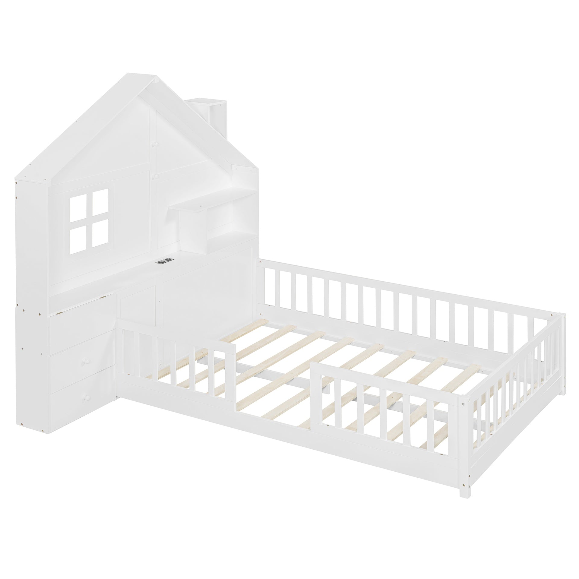 Full Size House Bed with Window and Bedside Drawers, Platform Bed with Shelves and a set of Sockets and USB Port, White(OLD SKU:LT000423AAK-1)