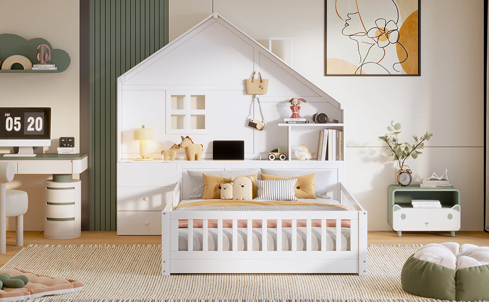 Full Size House Bed with Window and Bedside Drawers, Platform Bed with Shelves and a set of Sockets and USB Port, White(OLD SKU:LT000423AAK-1)