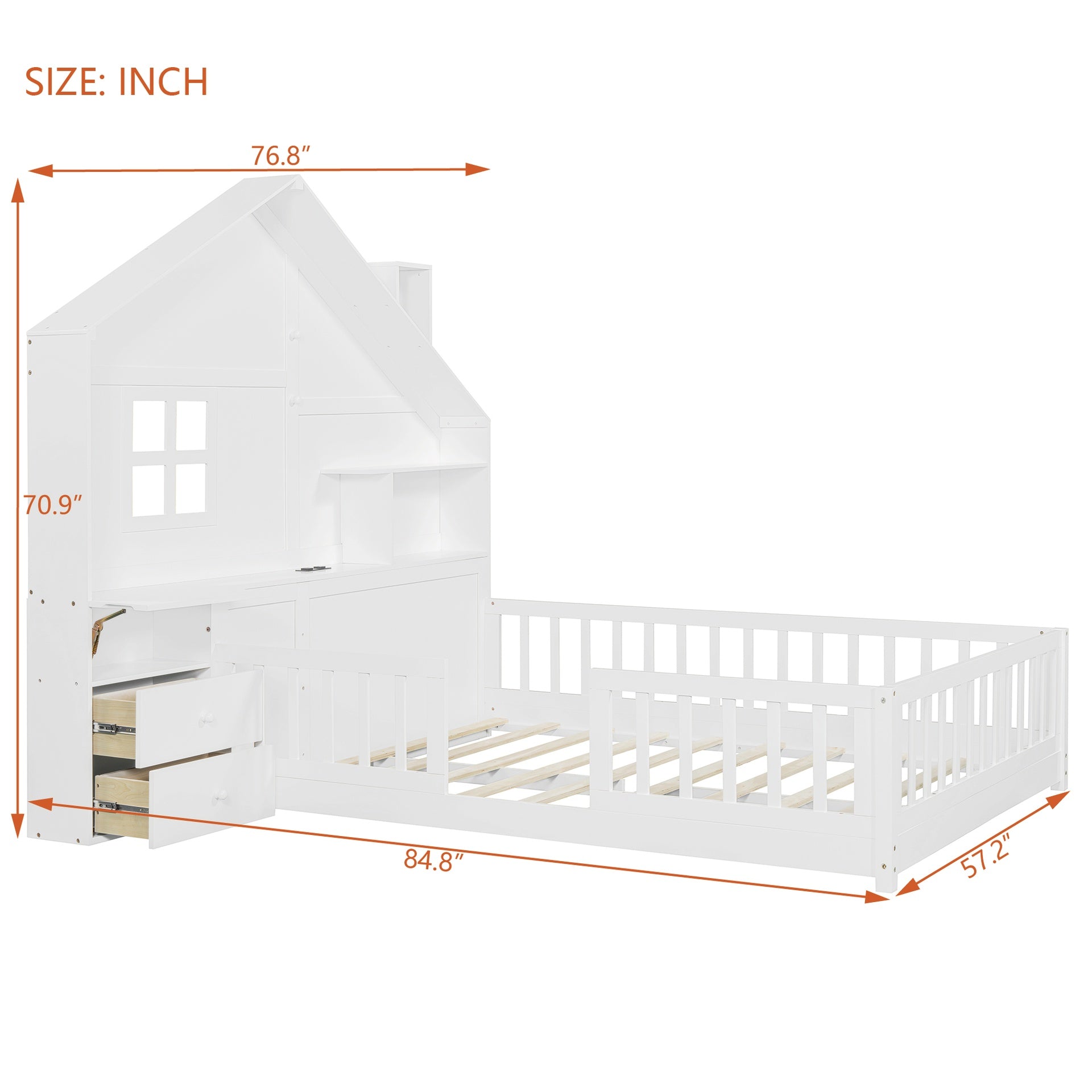 Full Size House Bed with Window and Bedside Drawers, Platform Bed with Shelves and a set of Sockets and USB Port, White(OLD SKU:LT000423AAK-1)