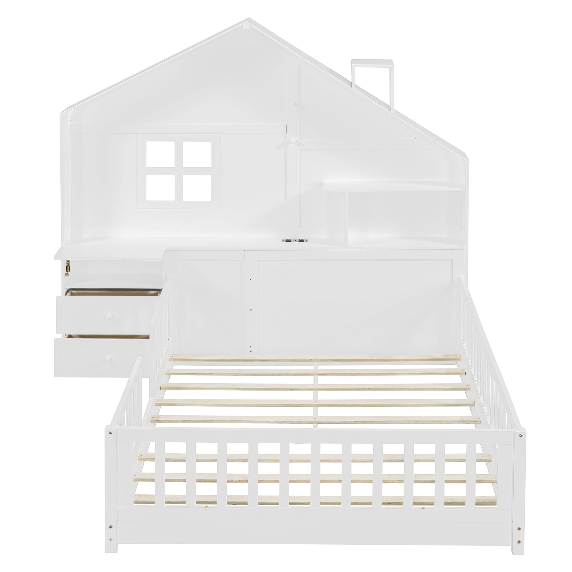 Full Size House Bed with Window and Bedside Drawers, Platform Bed with Shelves and a set of Sockets and USB Port, White(OLD SKU:LT000423AAK-1)