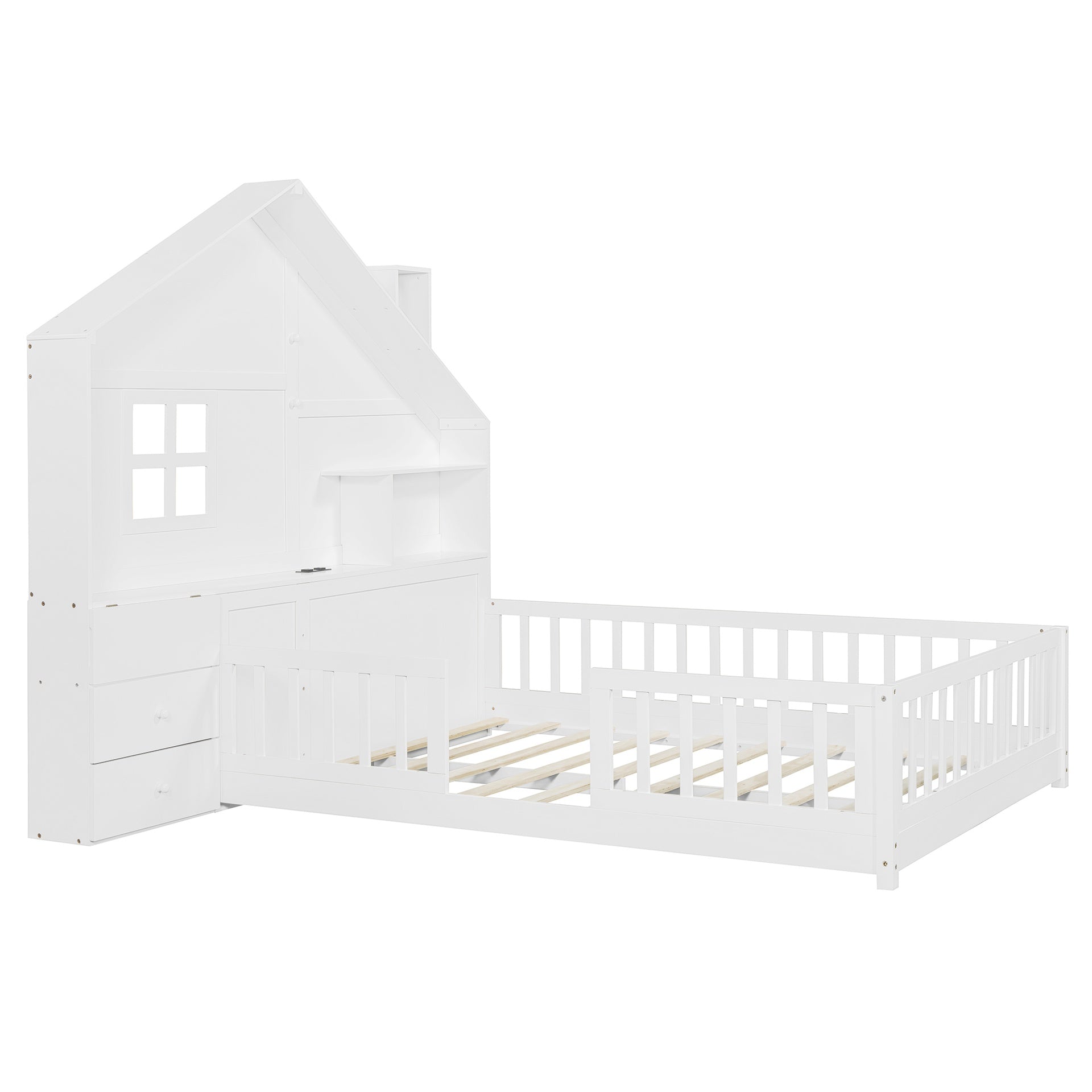 Full Size House Bed with Window and Bedside Drawers, Platform Bed with Shelves and a set of Sockets and USB Port, White(OLD SKU:LT000423AAK-1)
