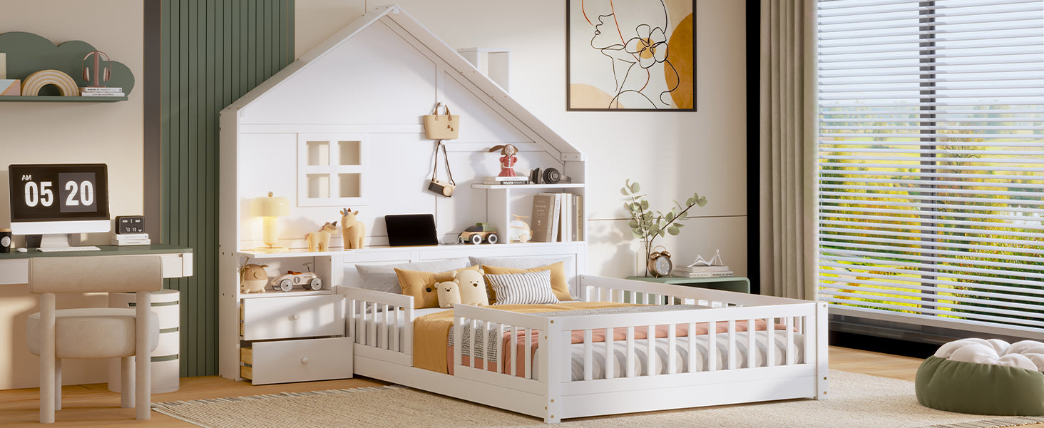 Full Size House Bed with Window and Bedside Drawers, Platform Bed with Shelves and a set of Sockets and USB Port, White(OLD SKU:LT000423AAK-1)