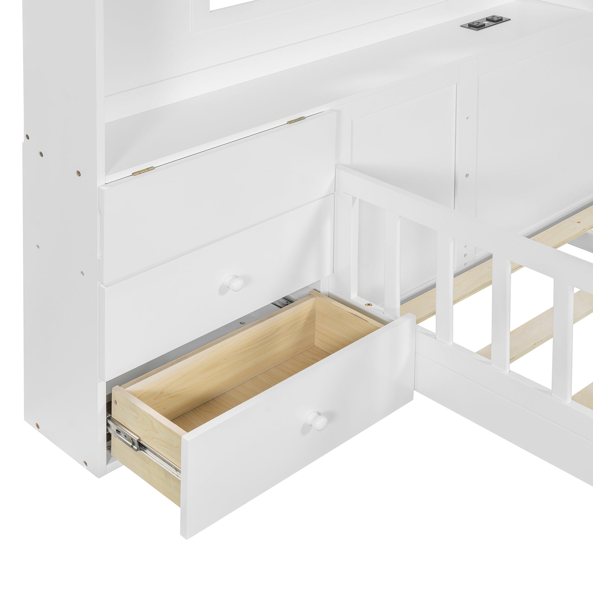 Full Size House Bed with Window and Bedside Drawers, Platform Bed with Shelves and a set of Sockets and USB Port, White(OLD SKU:LT000423AAK-1)