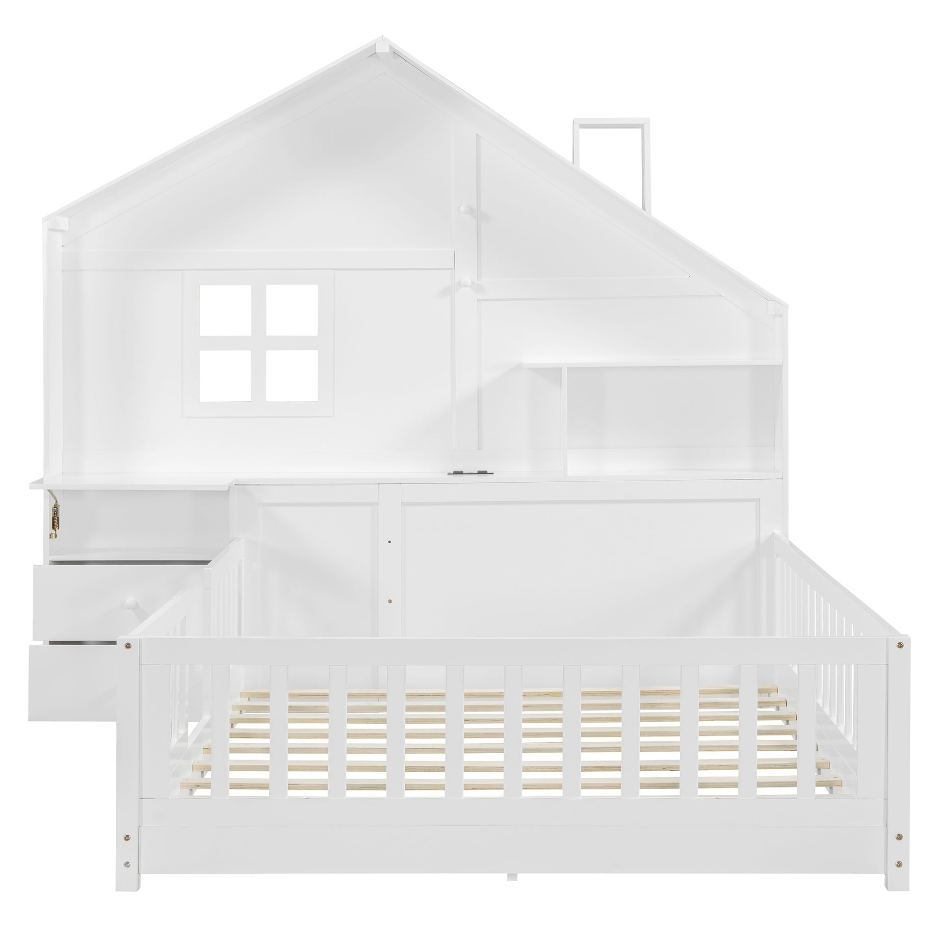 Full Size House Bed with Window and Bedside Drawers, Platform Bed with Shelves and a set of Sockets and USB Port, White(OLD SKU:LT000423AAK-1)