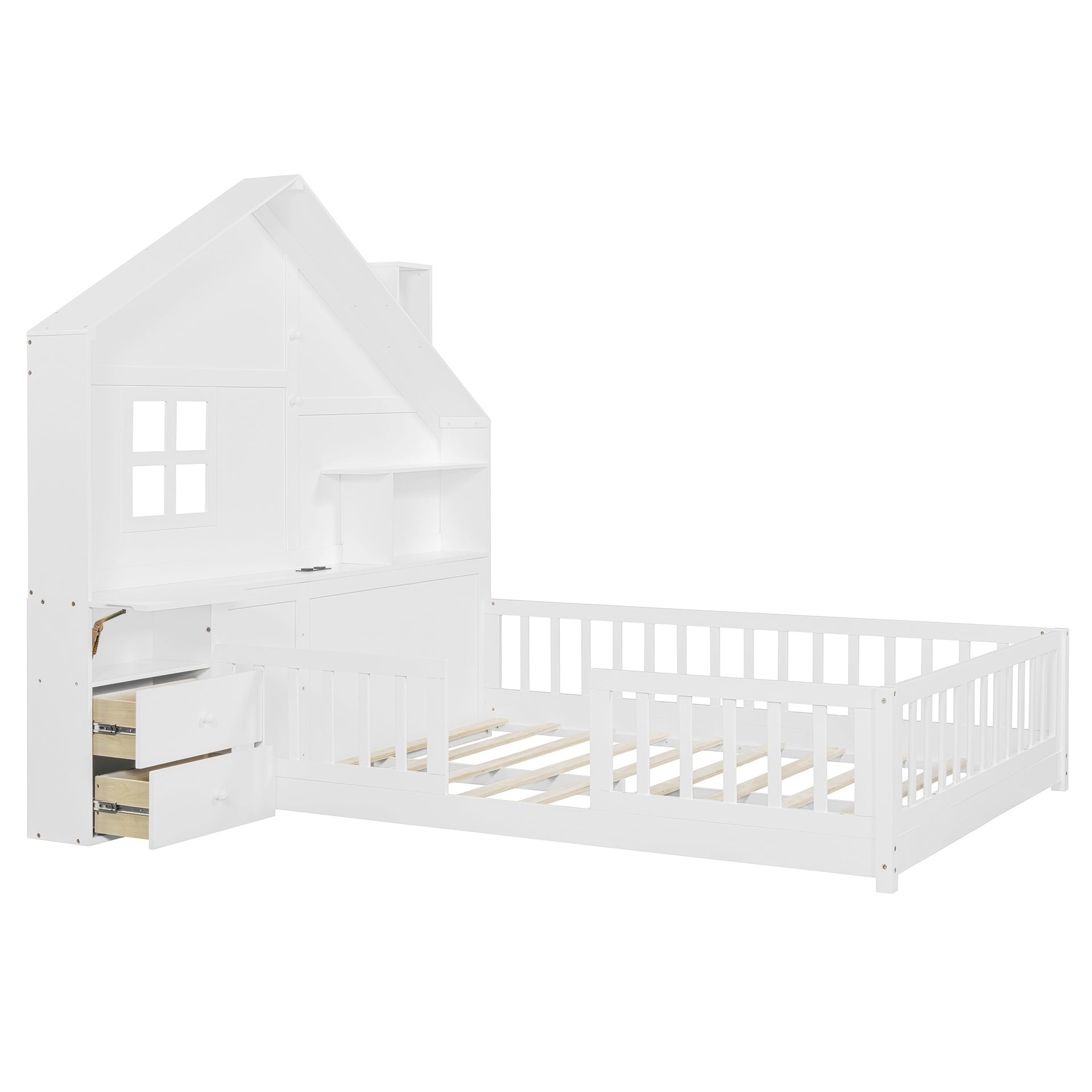 Full Size House Bed with Window and Bedside Drawers, Platform Bed with Shelves and a set of Sockets and USB Port, White(OLD SKU:LT000423AAK-1)