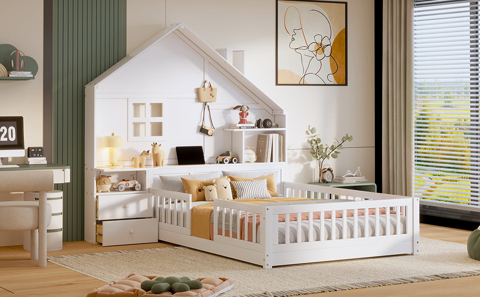 Full Size House Bed with Window and Bedside Drawers, Platform Bed with Shelves and a set of Sockets and USB Port, White(OLD SKU:LT000423AAK-1)