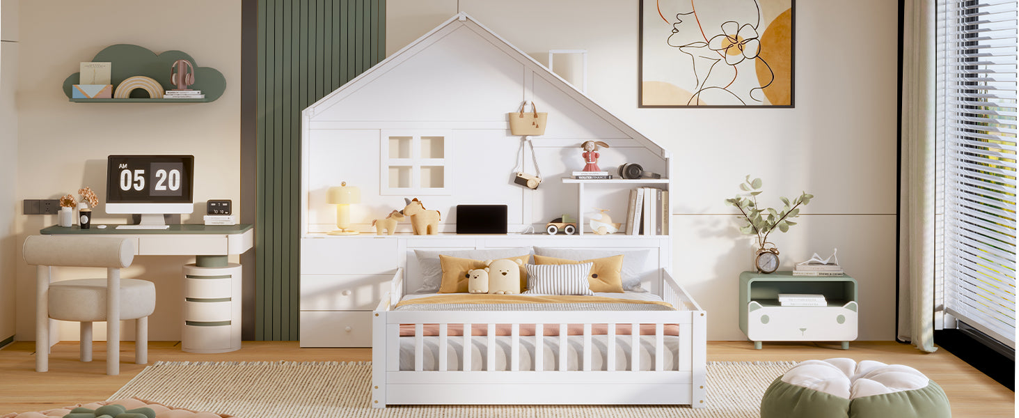 Full Size House Bed with Window and Bedside Drawers, Platform Bed with Shelves and a set of Sockets and USB Port, White(OLD SKU:LT000423AAK-1)