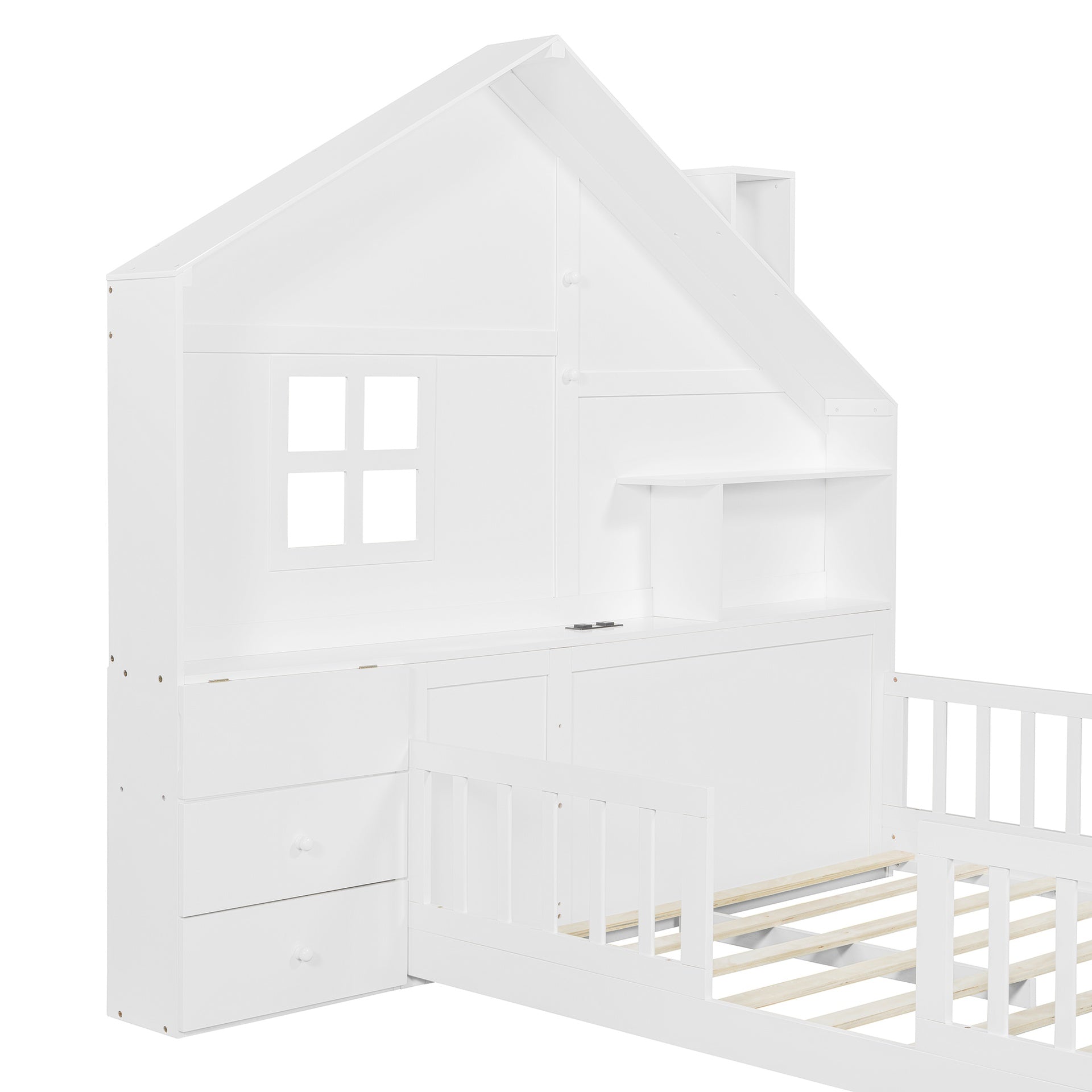 Full Size House Bed with Window and Bedside Drawers, Platform Bed with Shelves and a set of Sockets and USB Port, White(OLD SKU:LT000423AAK-1)