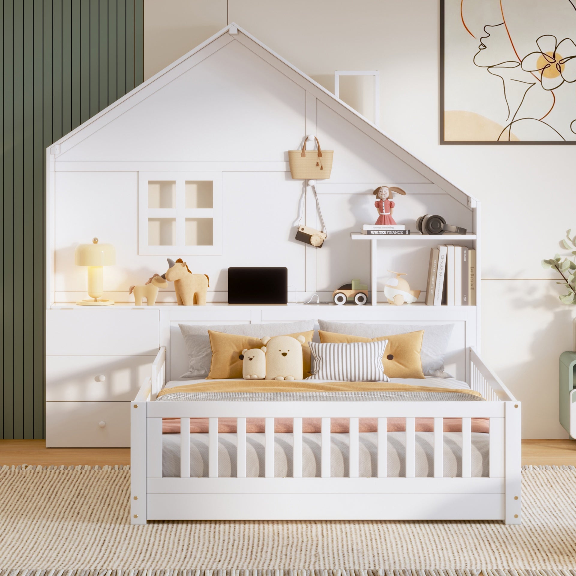 Full Size House Bed with Window and Bedside Drawers, Platform Bed with Shelves and a set of Sockets and USB Port, White(OLD SKU:LT000423AAK-1)