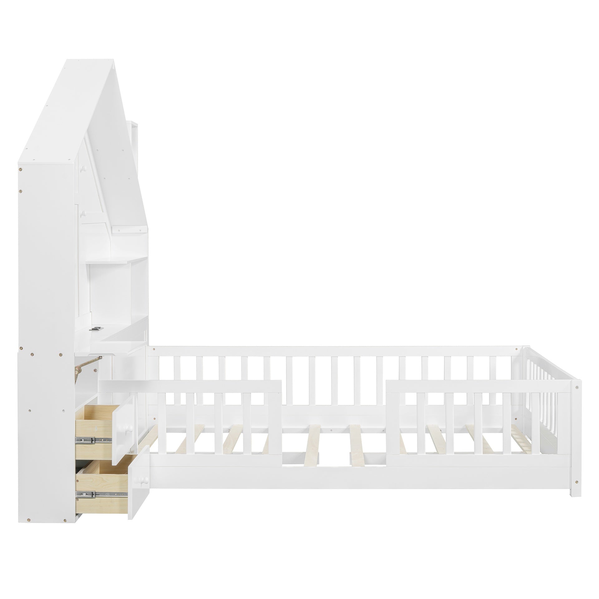Full Size House Bed with Window and Bedside Drawers, Platform Bed with Shelves and a set of Sockets and USB Port, White(OLD SKU:LT000423AAK-1)