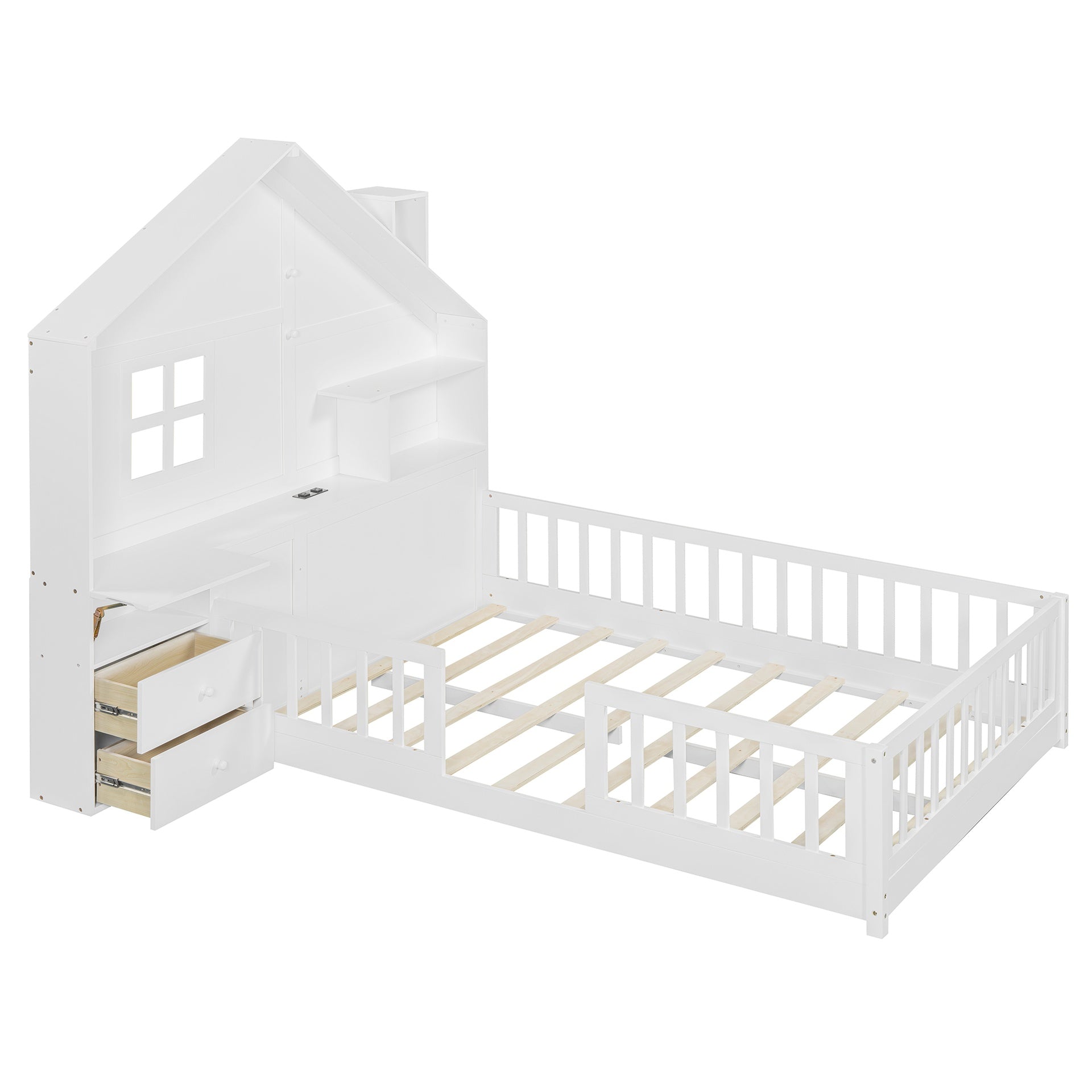 Full Size House Bed with Window and Bedside Drawers, Platform Bed with Shelves and a set of Sockets and USB Port, White(OLD SKU:LT000423AAK-1)