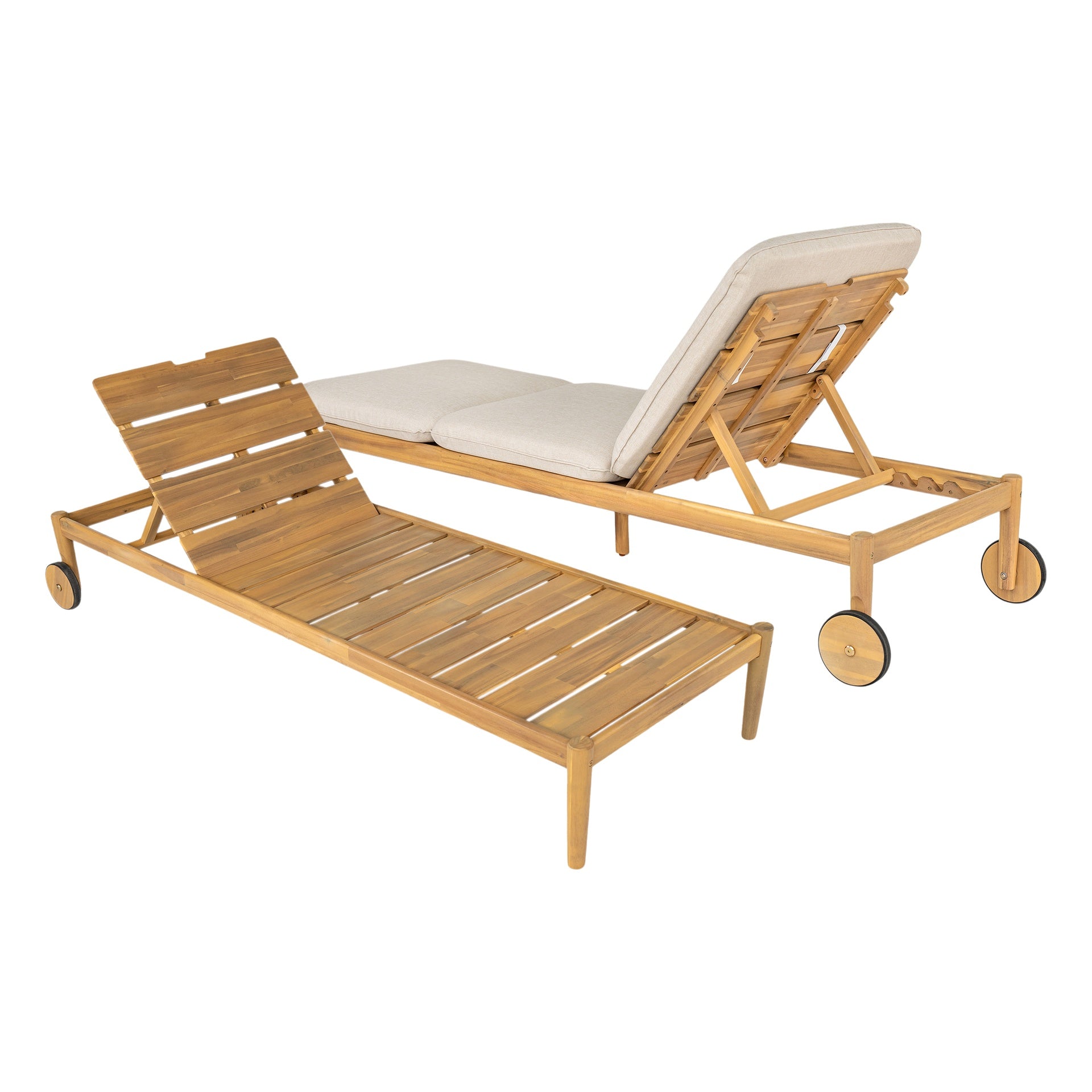 Riviera Outdoor Chaise Lounge with Wheels, Acacia Wood Frame(Set of 2)