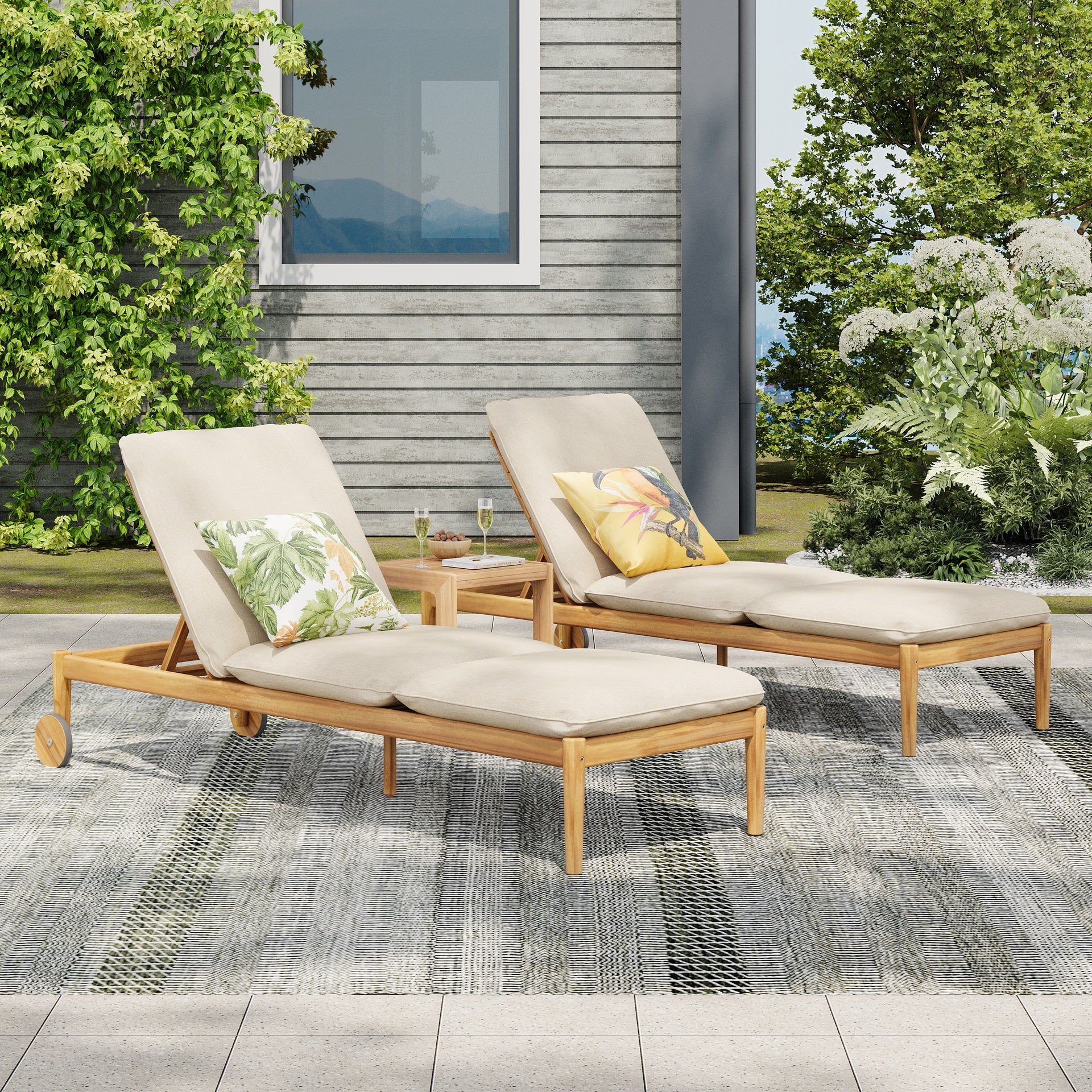 Riviera Outdoor Chaise Lounge with Wheels, Acacia Wood Frame(Set of 2)