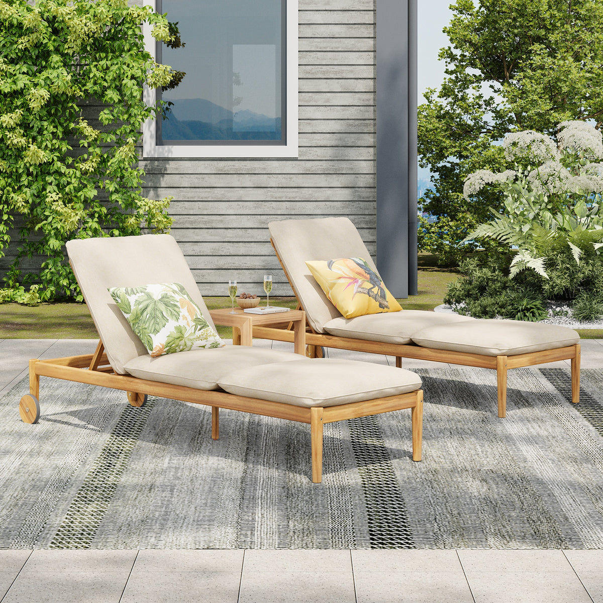 Riviera Outdoor Chaise Lounge with Wheels, Acacia Wood Frame(Set of 2)