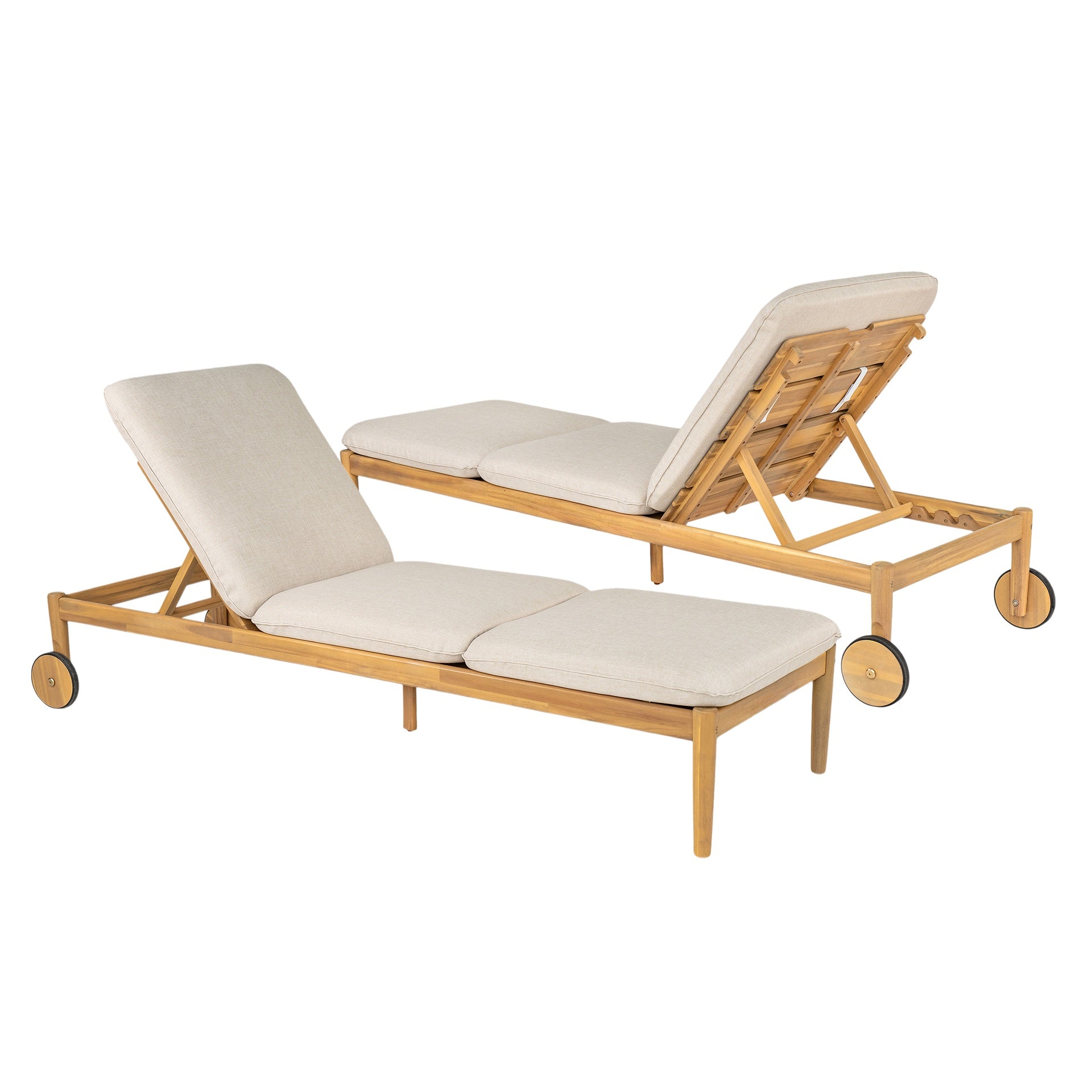 Riviera Outdoor Chaise Lounge with Wheels, Acacia Wood Frame(Set of 2)