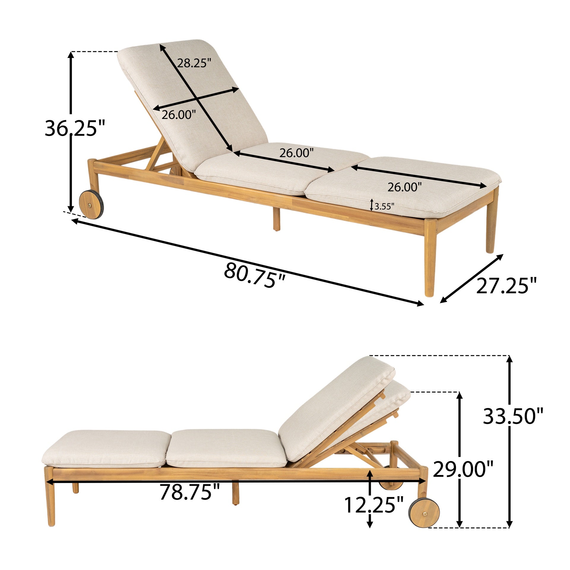 Riviera Outdoor Chaise Lounge with Wheels, Acacia Wood Frame(Set of 2)