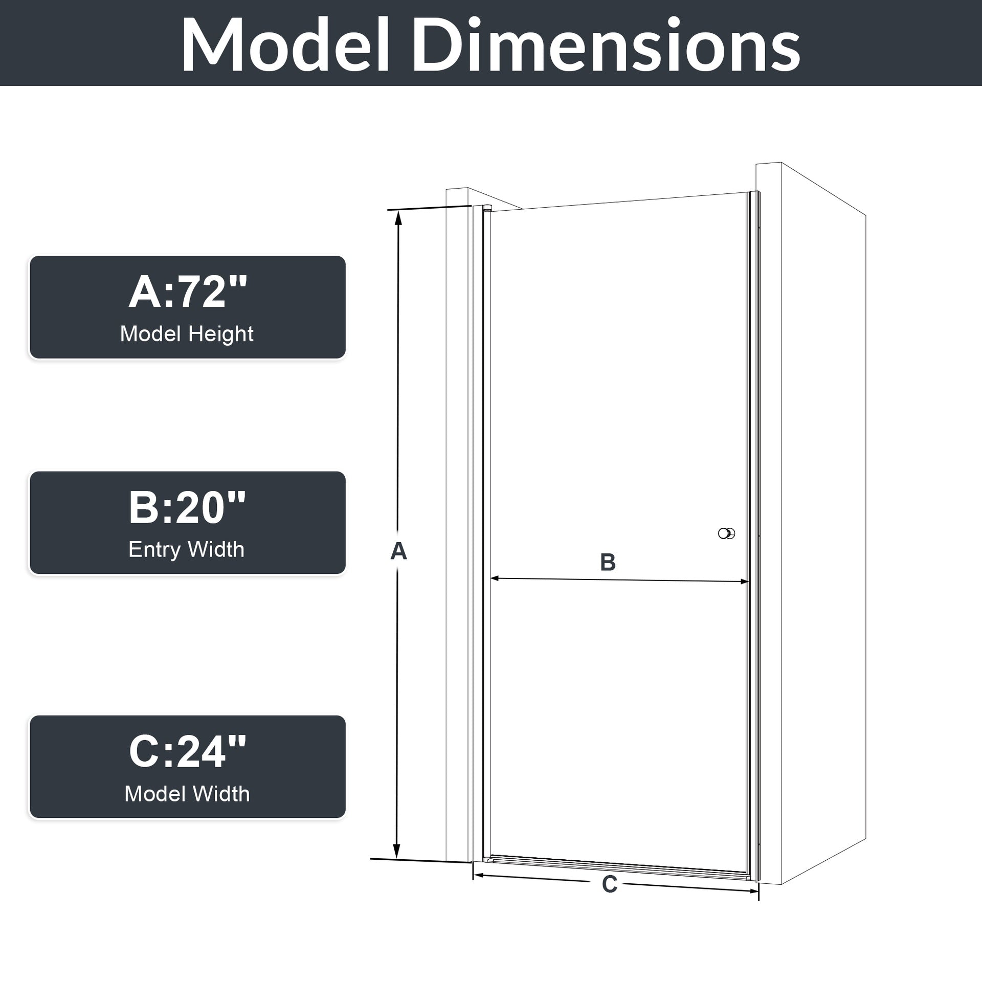 24" W x 72" H Semi-Frameless Circular Pivot Shower Door in Chrome With 1/4" (6mm) Thick SGCC Tempered Glass