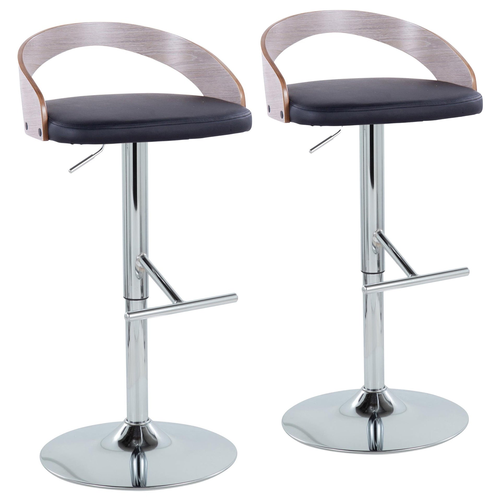 Grotto Contemporary Adjustable Height Barstool with Swivel in Chrome Metal, Light Grey Wood and Black Faux Leather with Straight T Footrest by LumiSource - Set of 2