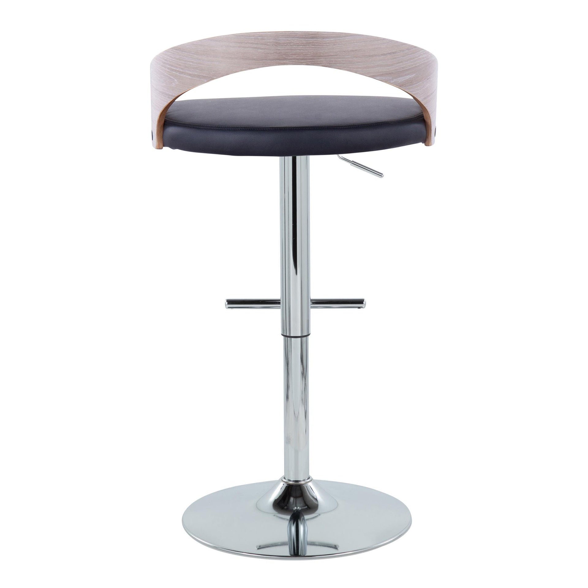 Grotto Contemporary Adjustable Height Barstool with Swivel in Chrome Metal, Light Grey Wood and Black Faux Leather with Straight T Footrest by LumiSource - Set of 2
