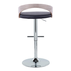 Grotto Contemporary Adjustable Height Barstool with Swivel in Chrome Metal, Light Grey Wood and Black Faux Leather with Straight T Footrest by LumiSource - Set of 2