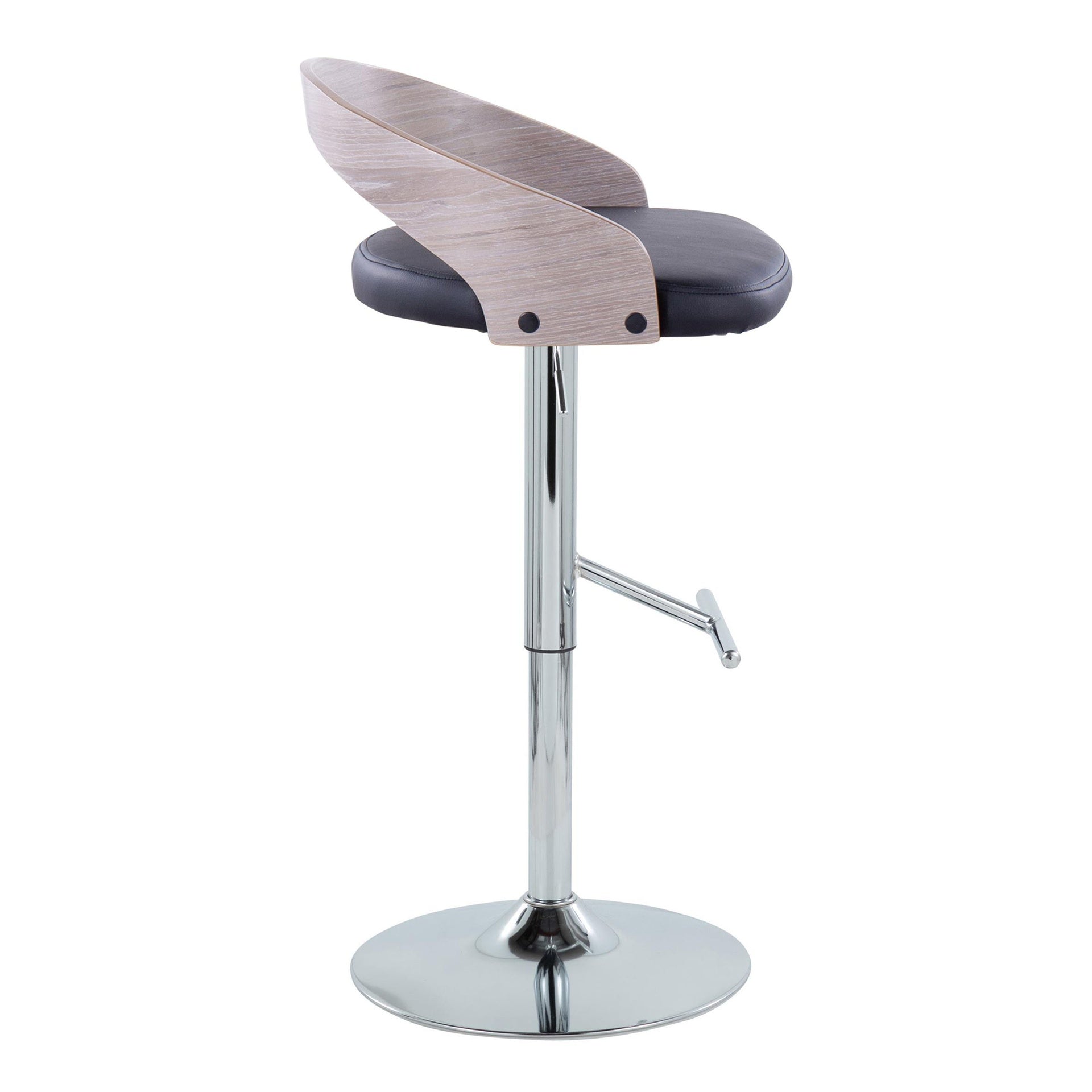 Grotto Contemporary Adjustable Height Barstool with Swivel in Chrome Metal, Light Grey Wood and Black Faux Leather with Straight T Footrest by LumiSource - Set of 2