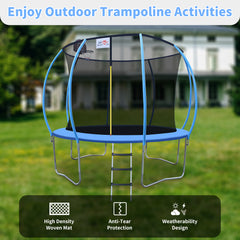 DOUBLE FISH 12ft Foldable Mini Trampoline Fitness Rebounder with Handrail for Adults, 400 Lbs Capacity, Blue Round Iron Frame, Compact & Portable for Home Workouts