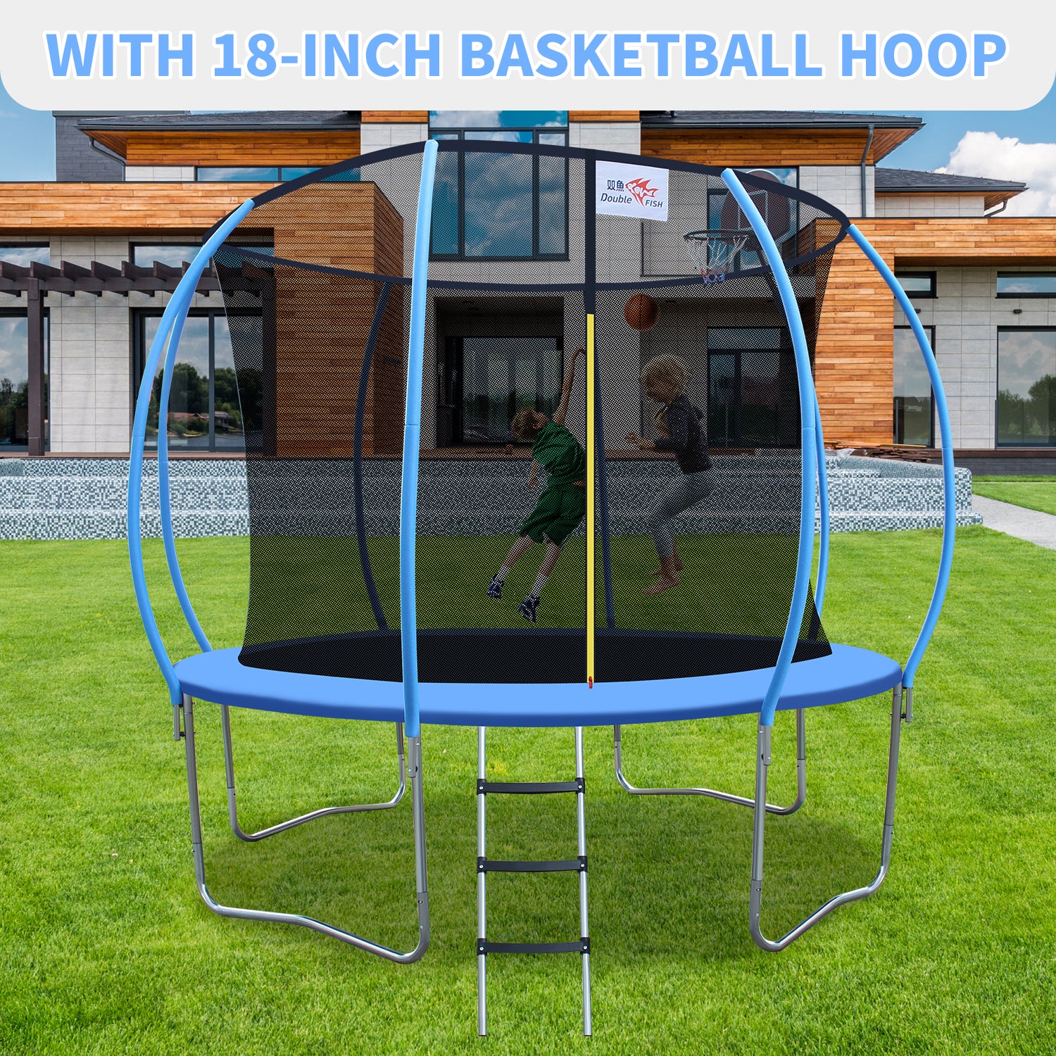 DOUBLE FISH 12ft Foldable Mini Trampoline Fitness Rebounder with Handrail for Adults, 400 Lbs Capacity, Blue Round Iron Frame, Compact & Portable for Home Workouts