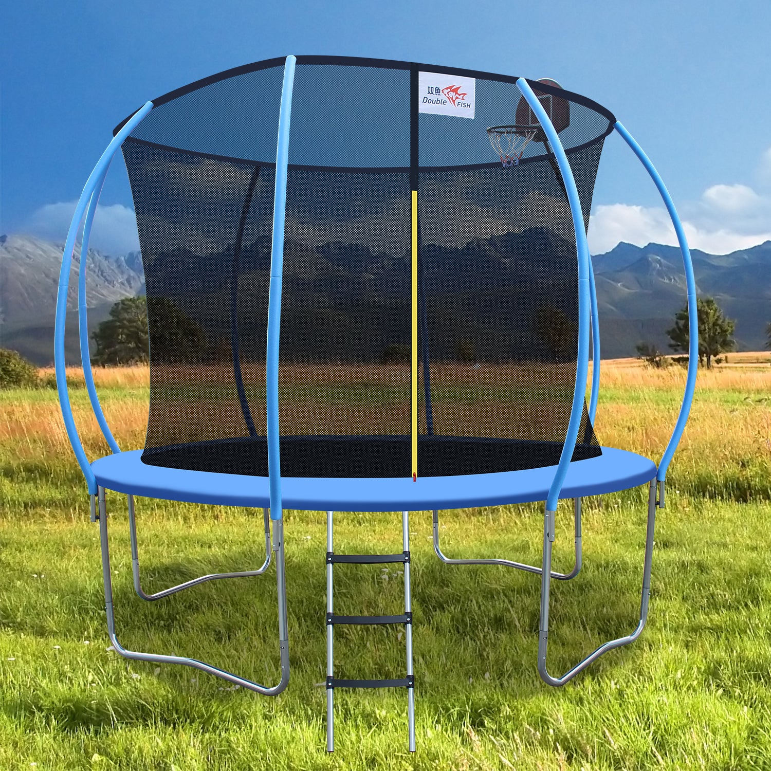 DOUBLE FISH 12ft Foldable Mini Trampoline Fitness Rebounder with Handrail for Adults, 400 Lbs Capacity, Blue Round Iron Frame, Compact & Portable for Home Workouts
