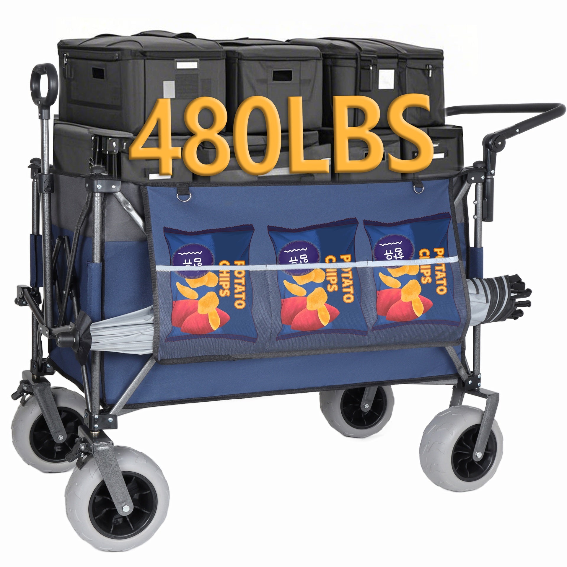 Multi-Functional Push-Pull Folding Wagon Cart with Rotating Handle & 9"x4" Beach Tires for Camping & Beach –300L XL Heavy-Duty, 480lbs load, Large Capacity for Transport, Groceries, and Outdoor Use