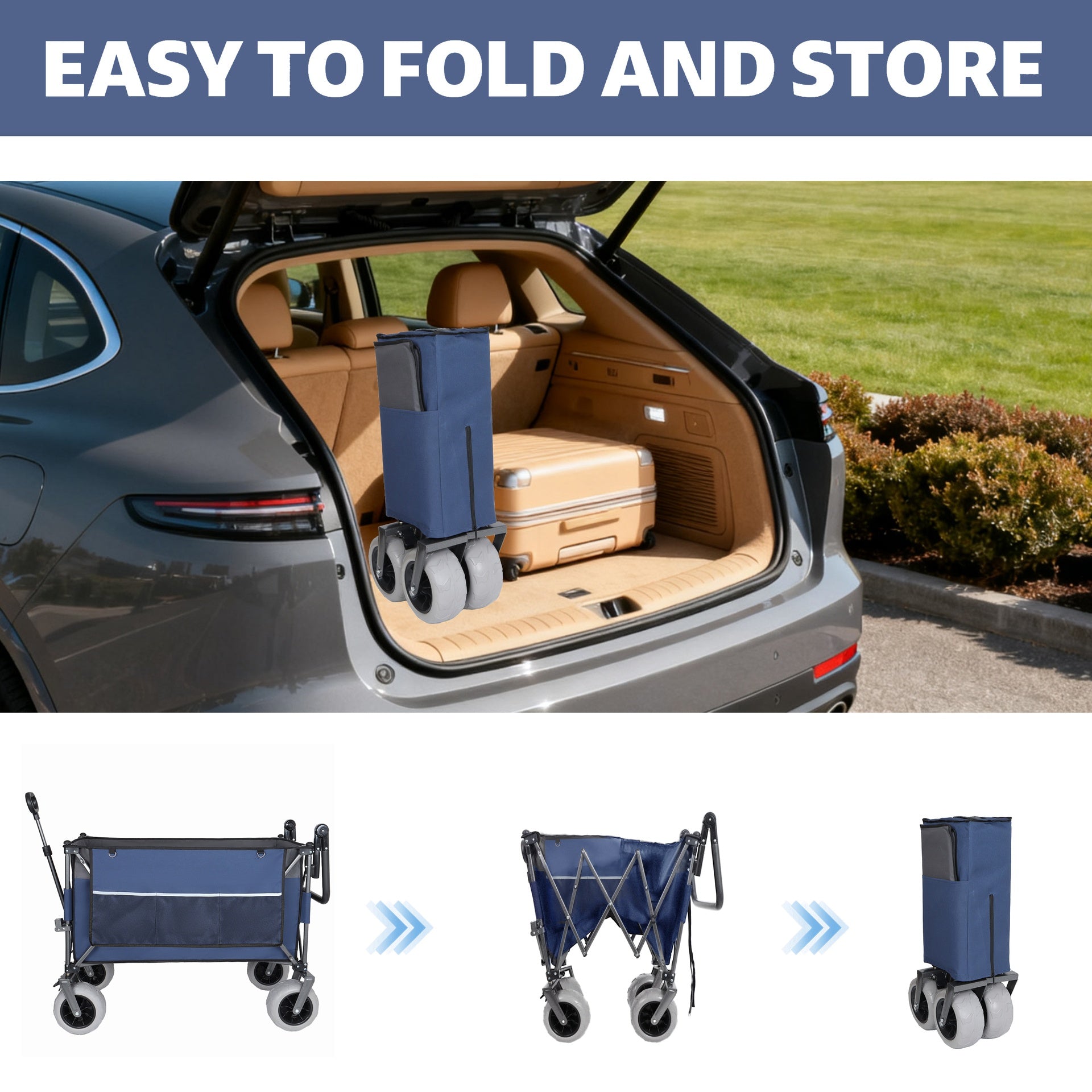 Multi-Functional Push-Pull Folding Wagon Cart with Rotating Handle & 9"x4" Beach Tires for Camping & Beach –300L XL Heavy-Duty, 480lbs load, Large Capacity for Transport, Groceries, and Outdoor Use