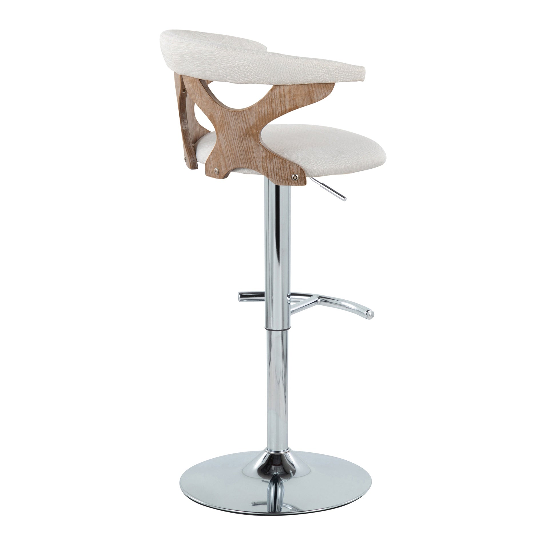 Gardenia Contemporary Adjustable Barstool with Swivel in Chrome Metal, White Washed Wood and Cream Fabric with Rounded T Footrest by LumiSource - Set of 2