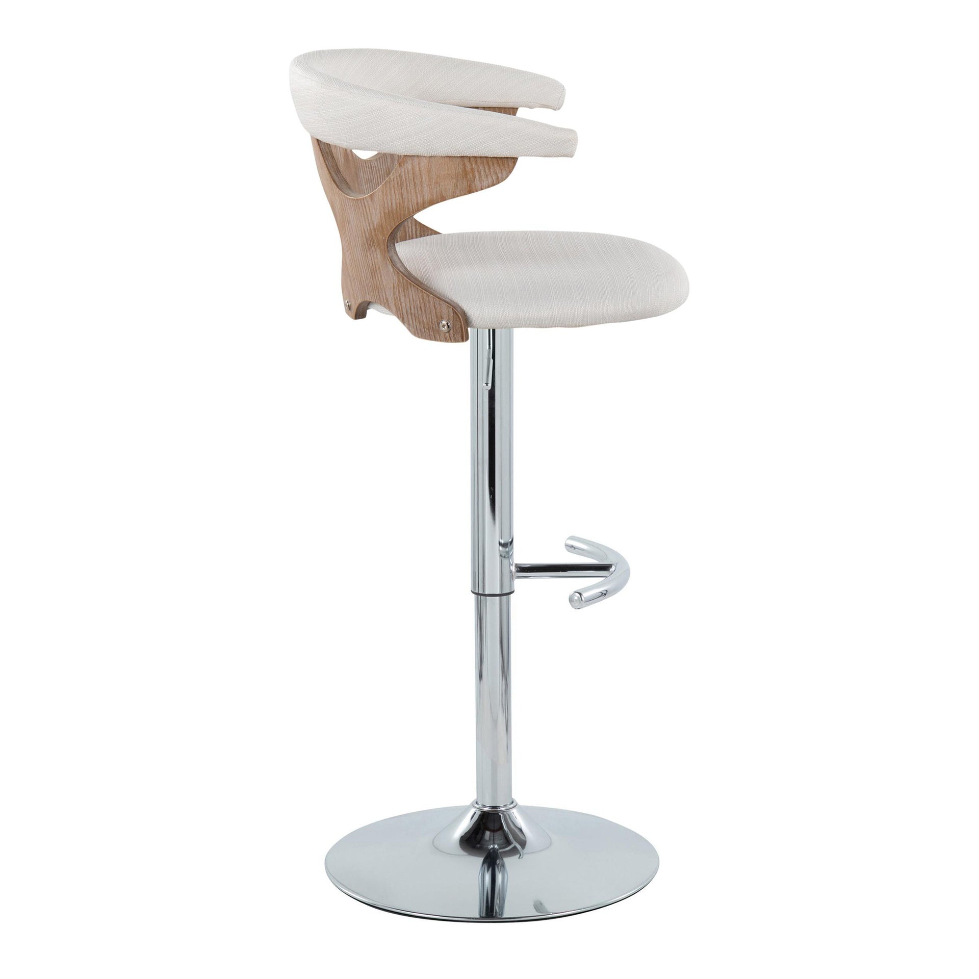 Gardenia Contemporary Adjustable Barstool with Swivel in Chrome Metal, White Washed Wood and Cream Fabric with Rounded T Footrest by LumiSource - Set of 2