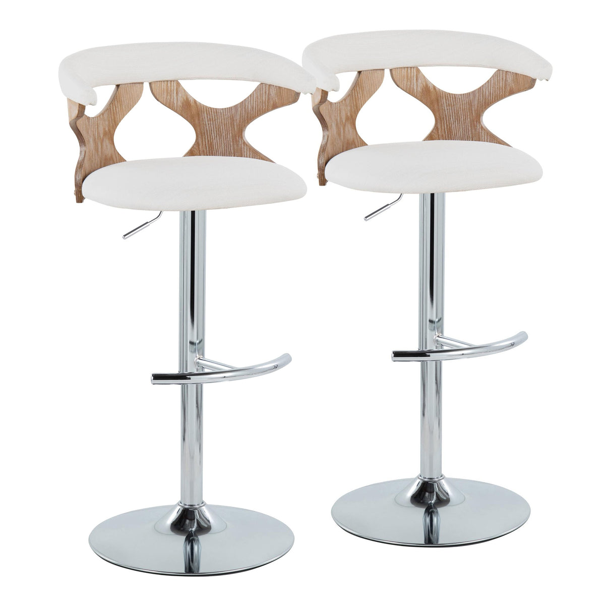 Gardenia Contemporary Adjustable Barstool with Swivel in Chrome Metal, White Washed Wood and Cream Fabric with Rounded T Footrest by LumiSource - Set of 2