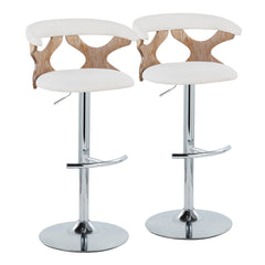 Gardenia Contemporary Adjustable Barstool with Swivel in Chrome Metal, White Washed Wood and Cream Fabric with Rounded T Footrest by LumiSource - Set of 2