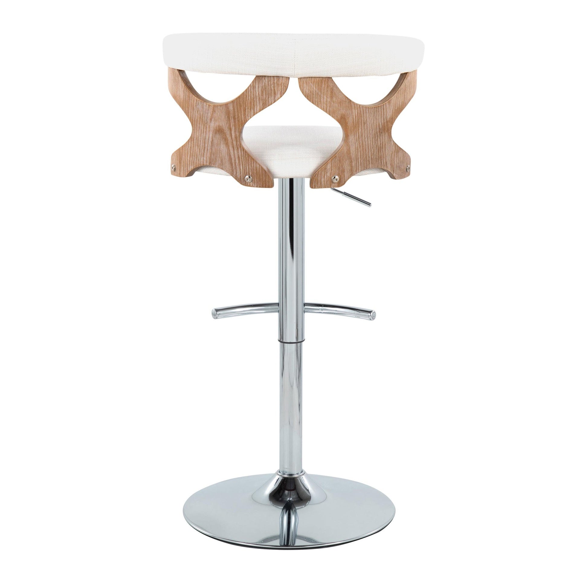 Gardenia Contemporary Adjustable Barstool with Swivel in Chrome Metal, White Washed Wood and Cream Fabric with Rounded T Footrest by LumiSource - Set of 2
