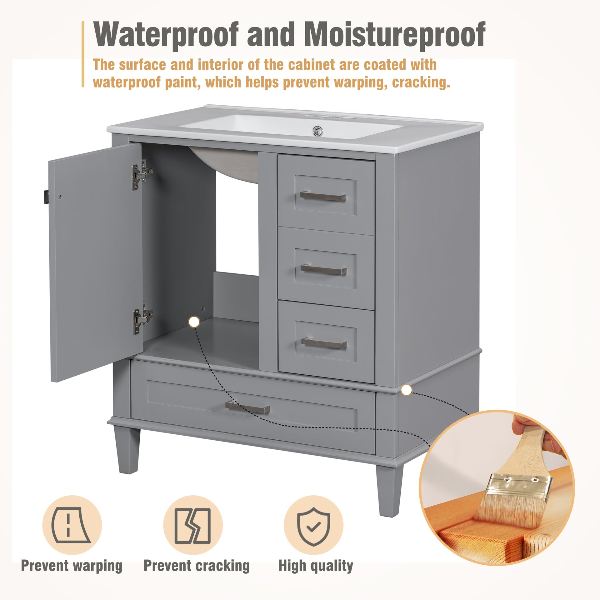 30" Bathroom Vanity , Modern Bathroom Cabinet with Sink Combo Set, Bathroom Storage Cabinet with a Soft Closing Door and 3 Drawers, Solid Wood Frame(Grey)