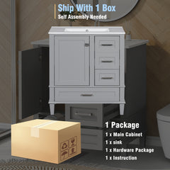 30" Bathroom Vanity , Modern Bathroom Cabinet with Sink Combo Set, Bathroom Storage Cabinet with a Soft Closing Door and 3 Drawers, Solid Wood Frame(Grey)