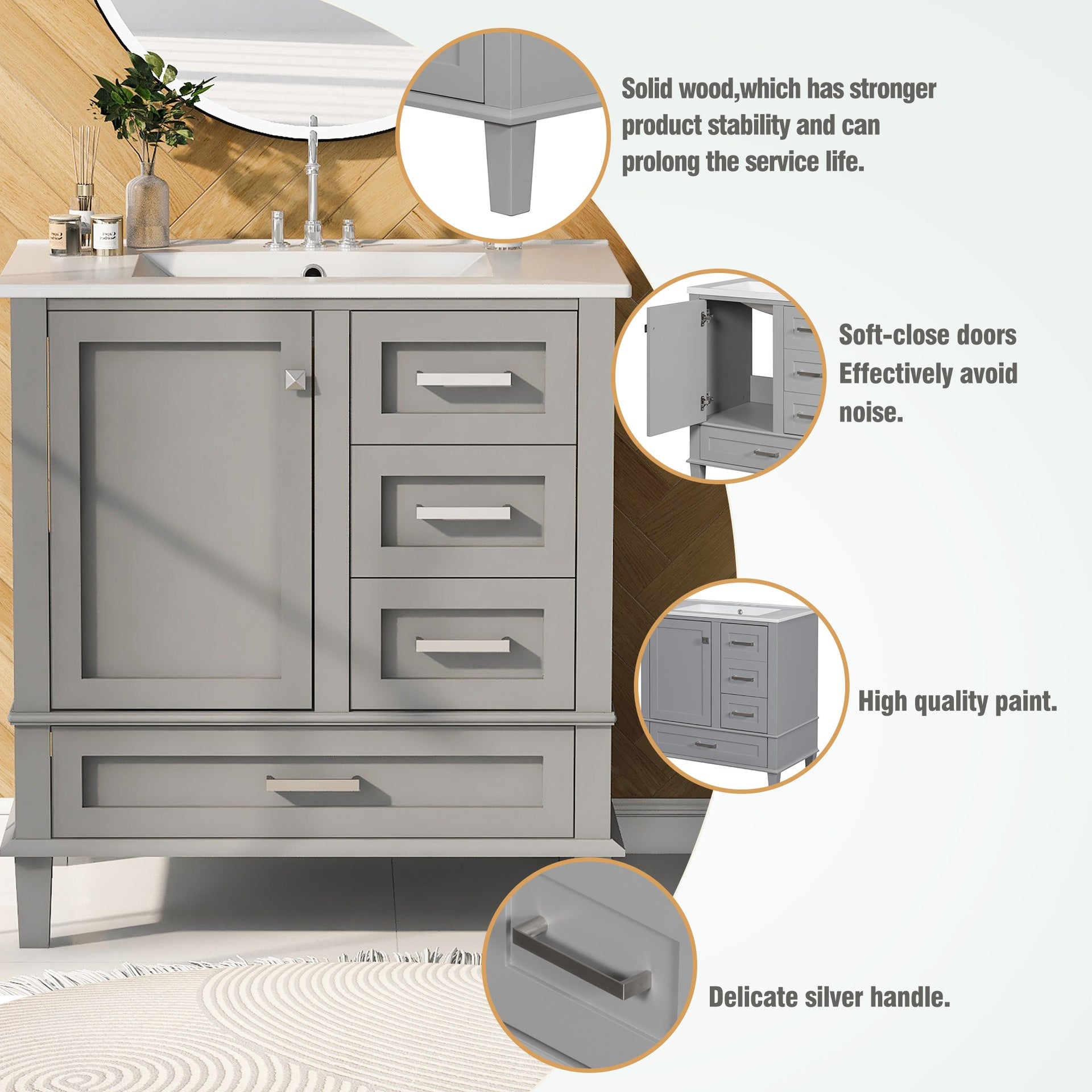 30" Bathroom Vanity , Modern Bathroom Cabinet with Sink Combo Set, Bathroom Storage Cabinet with a Soft Closing Door and 3 Drawers, Solid Wood Frame(Grey)