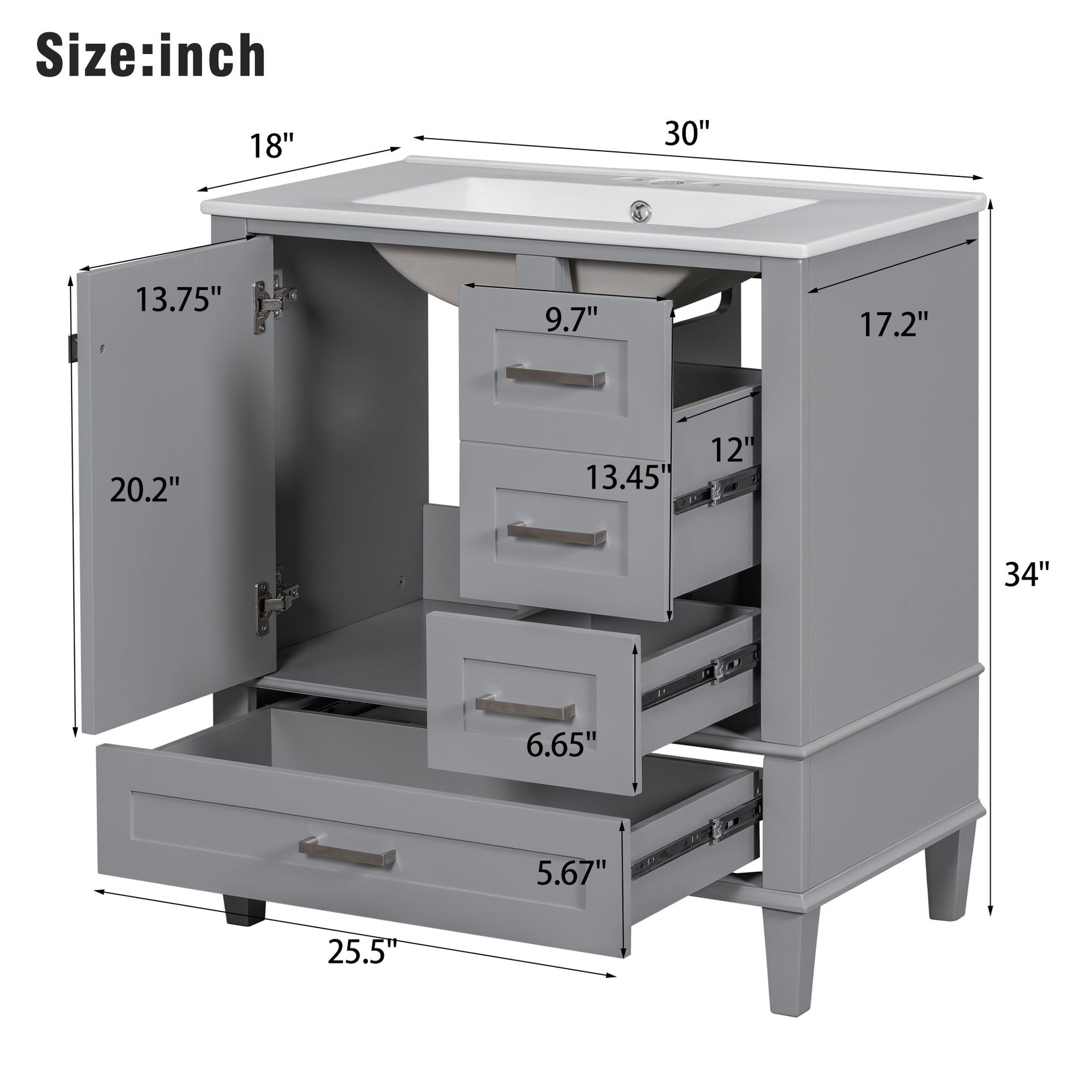 30" Bathroom Vanity , Modern Bathroom Cabinet with Sink Combo Set, Bathroom Storage Cabinet with a Soft Closing Door and 3 Drawers, Solid Wood Frame(Grey)