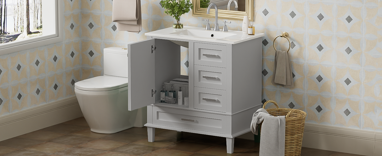 30" Bathroom Vanity , Modern Bathroom Cabinet with Sink Combo Set, Bathroom Storage Cabinet with a Soft Closing Door and 3 Drawers, Solid Wood Frame(Grey)
