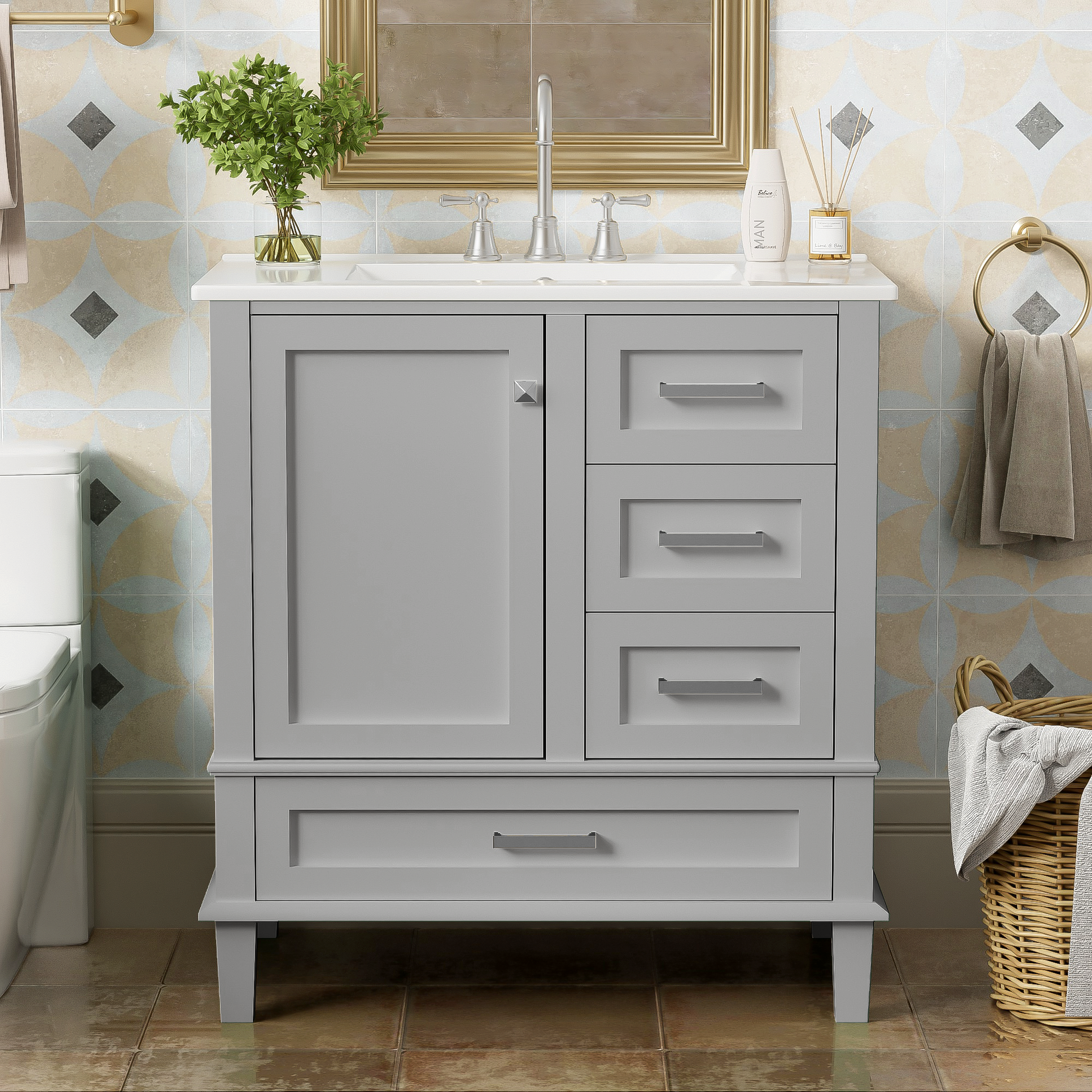 30" Bathroom Vanity , Modern Bathroom Cabinet with Sink Combo Set, Bathroom Storage Cabinet with a Soft Closing Door and 3 Drawers, Solid Wood Frame(Grey)