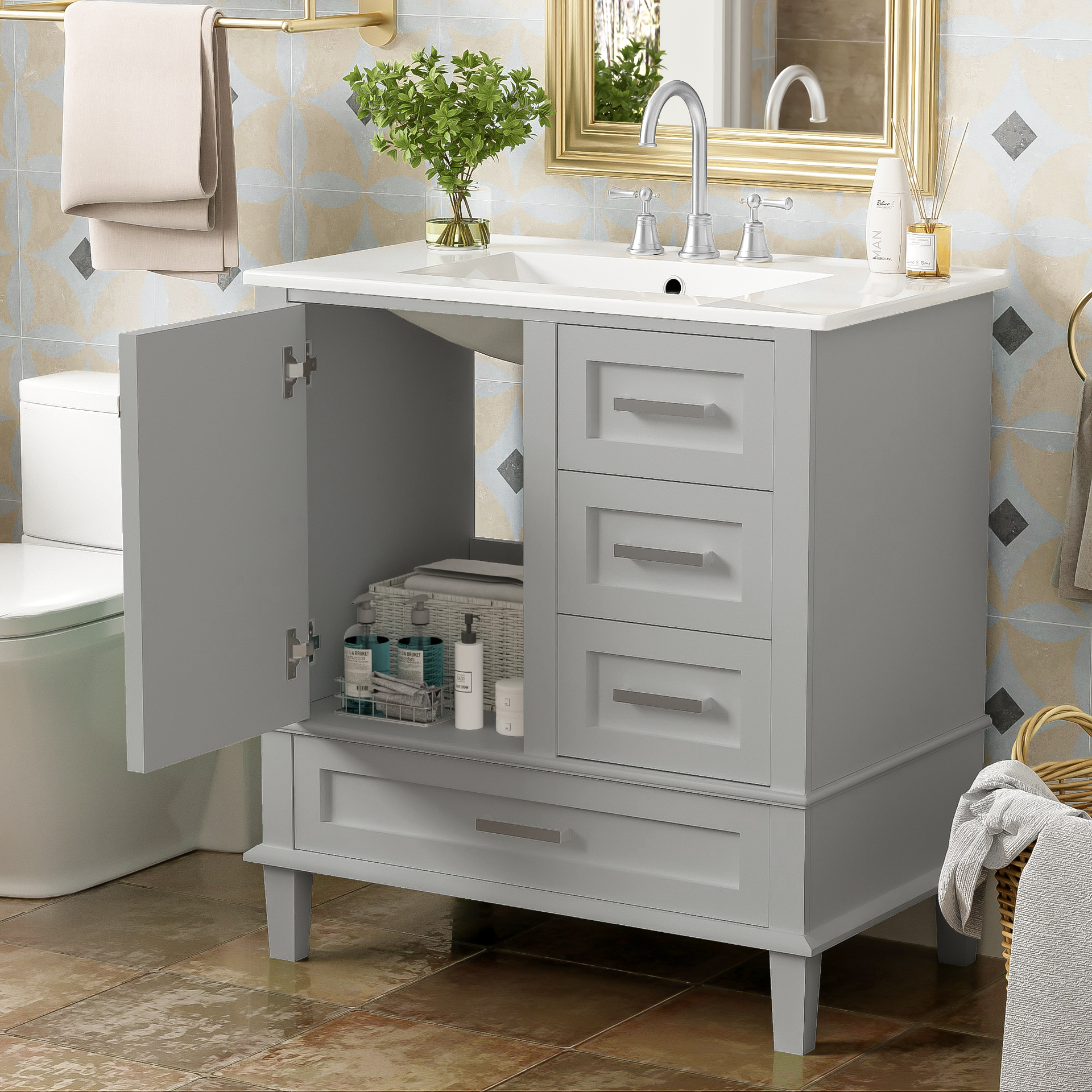 30" Bathroom Vanity , Modern Bathroom Cabinet with Sink Combo Set, Bathroom Storage Cabinet with a Soft Closing Door and 3 Drawers, Solid Wood Frame(Grey)