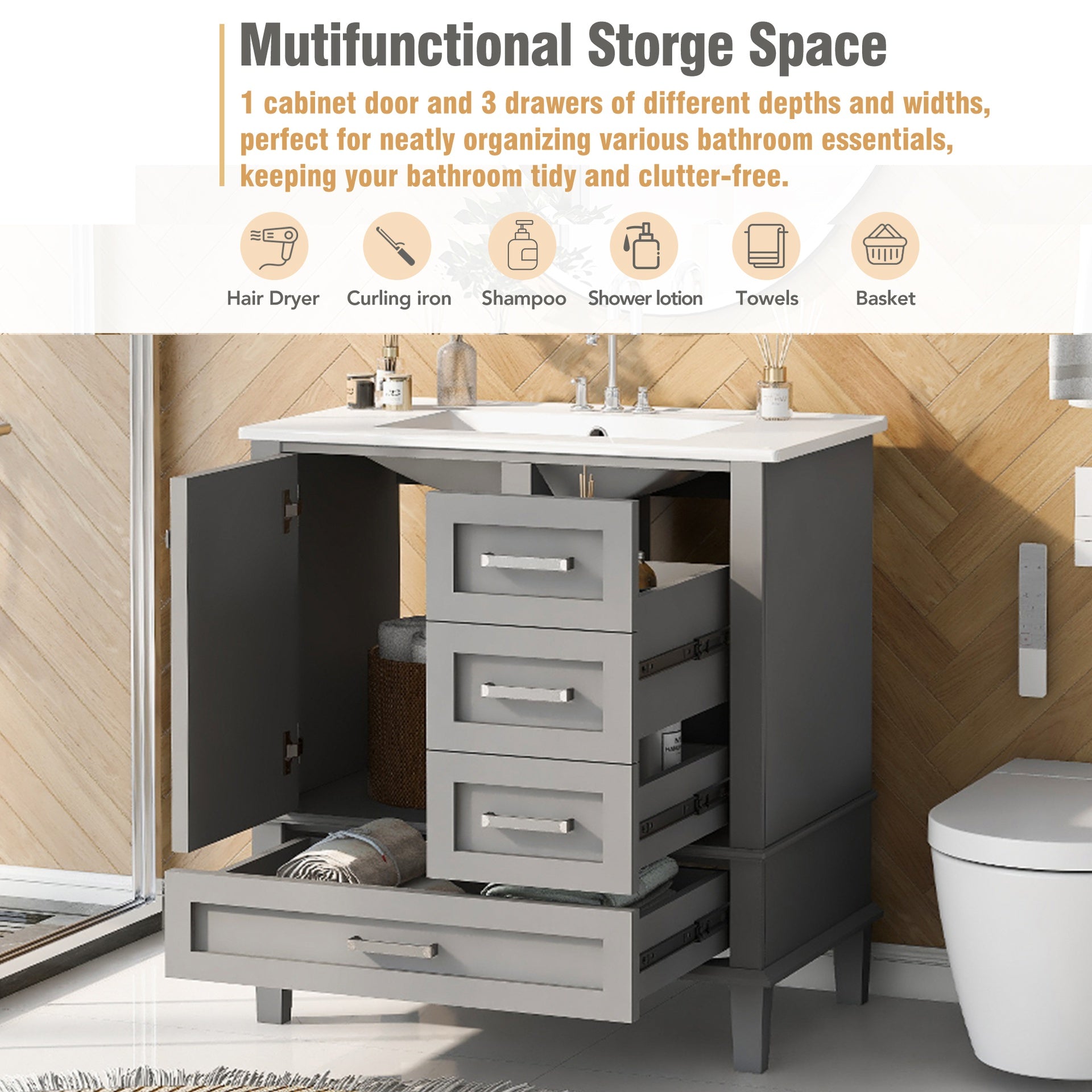 30" Bathroom Vanity , Modern Bathroom Cabinet with Sink Combo Set, Bathroom Storage Cabinet with a Soft Closing Door and 3 Drawers, Solid Wood Frame(Grey)
