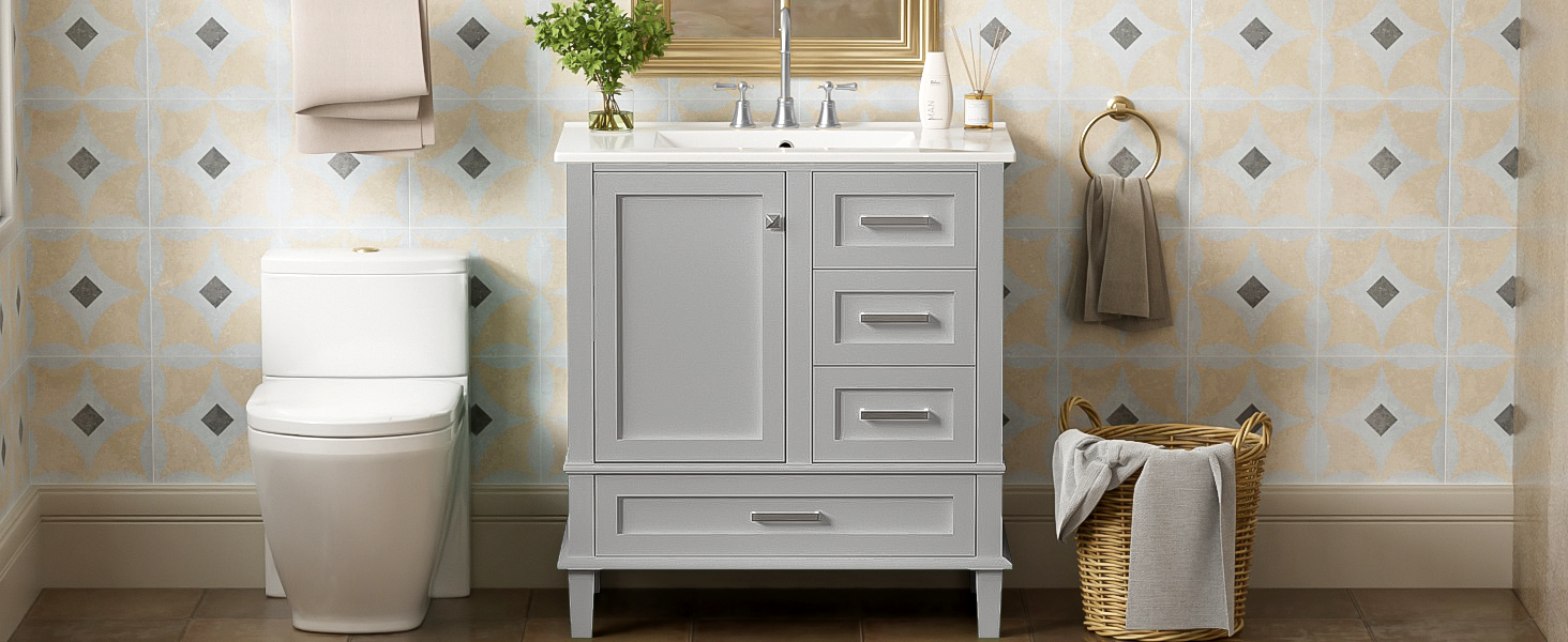 30" Bathroom Vanity , Modern Bathroom Cabinet with Sink Combo Set, Bathroom Storage Cabinet with a Soft Closing Door and 3 Drawers, Solid Wood Frame(Grey)