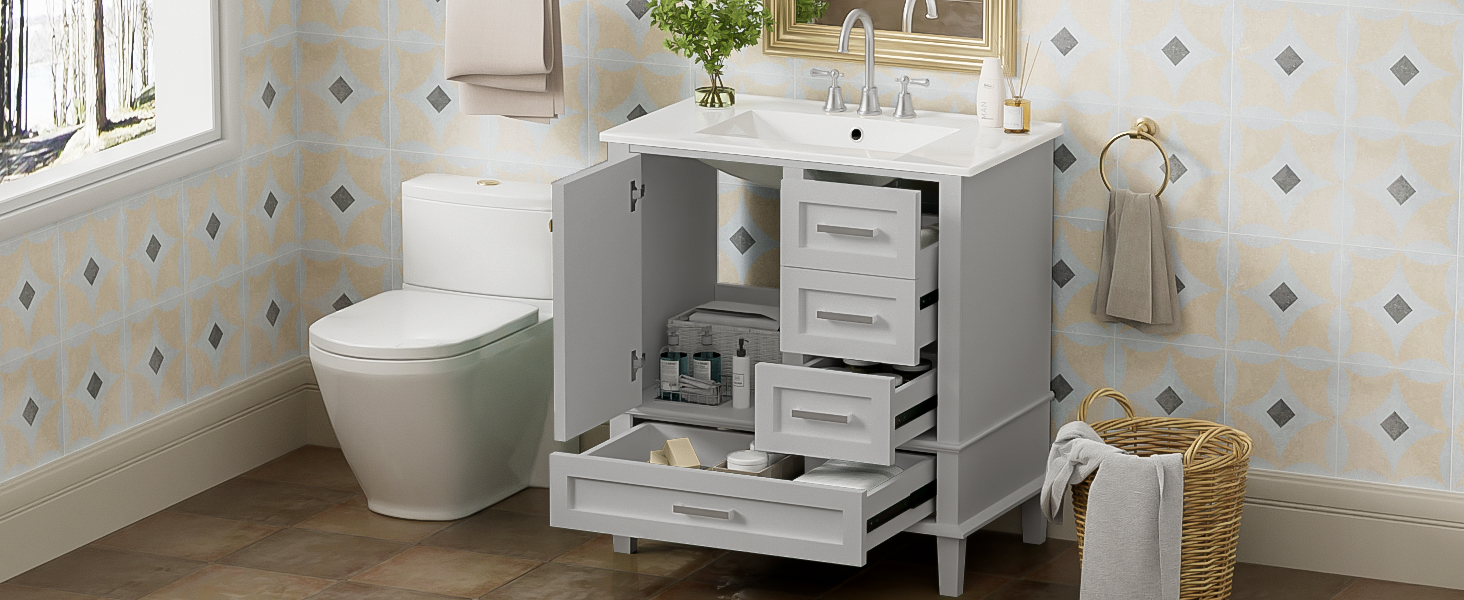 30" Bathroom Vanity , Modern Bathroom Cabinet with Sink Combo Set, Bathroom Storage Cabinet with a Soft Closing Door and 3 Drawers, Solid Wood Frame(Grey)
