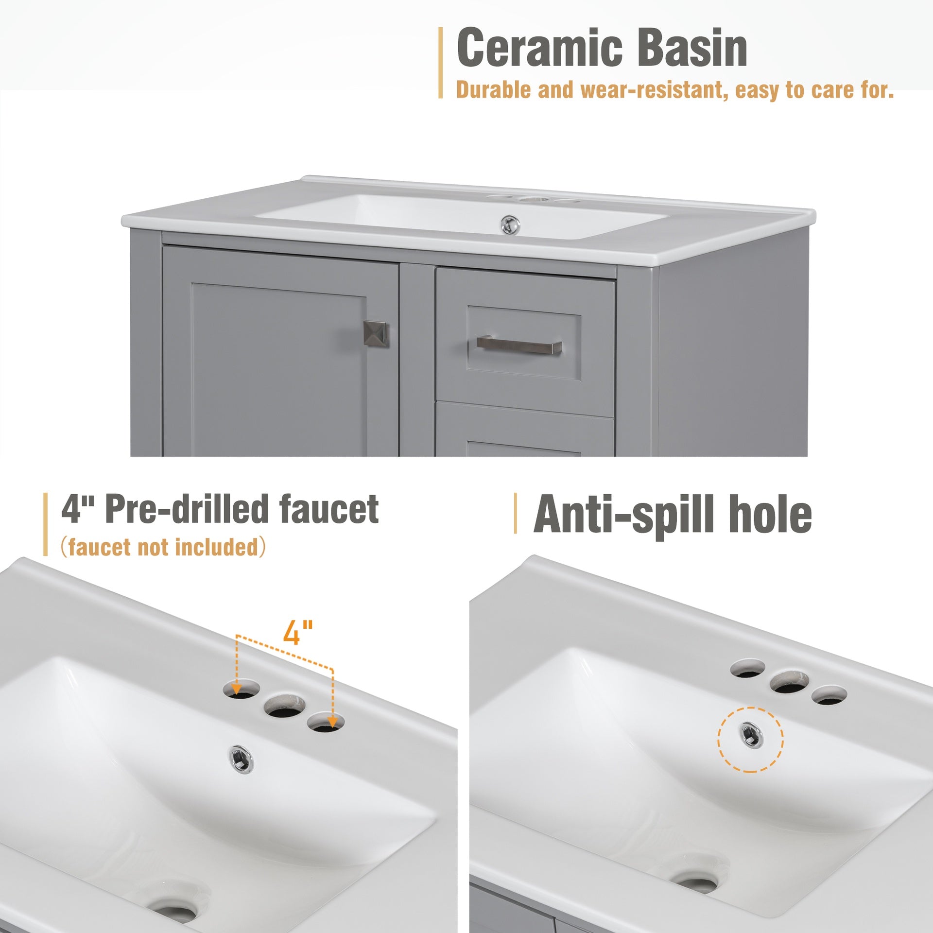 30" Bathroom Vanity , Modern Bathroom Cabinet with Sink Combo Set, Bathroom Storage Cabinet with a Soft Closing Door and 3 Drawers, Solid Wood Frame(Grey)