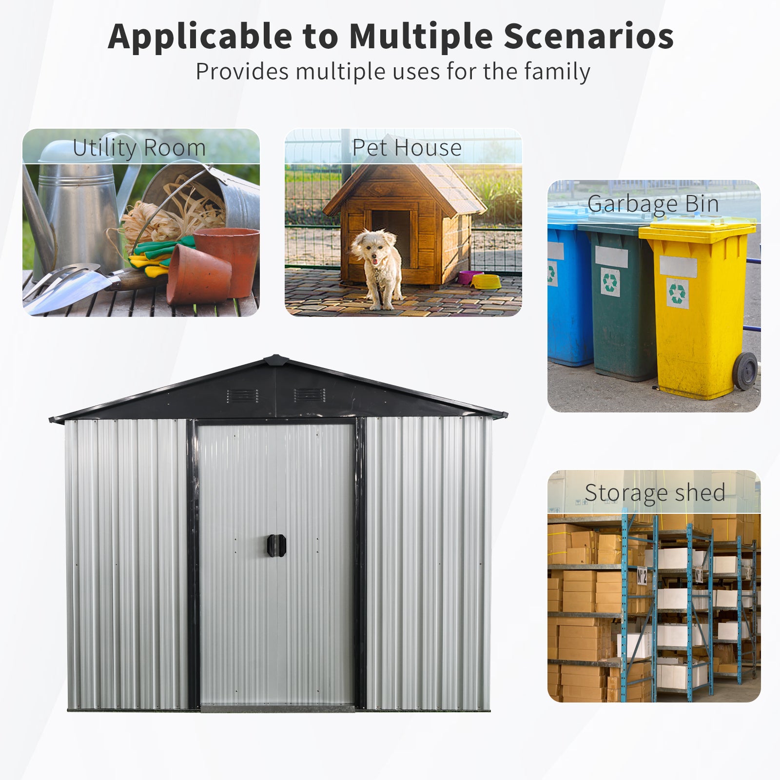 8ft x 4ft Outdoor Metal Storage Shed with Sliding Door and foundation for Backyard, Patio, Lawn - White and Black