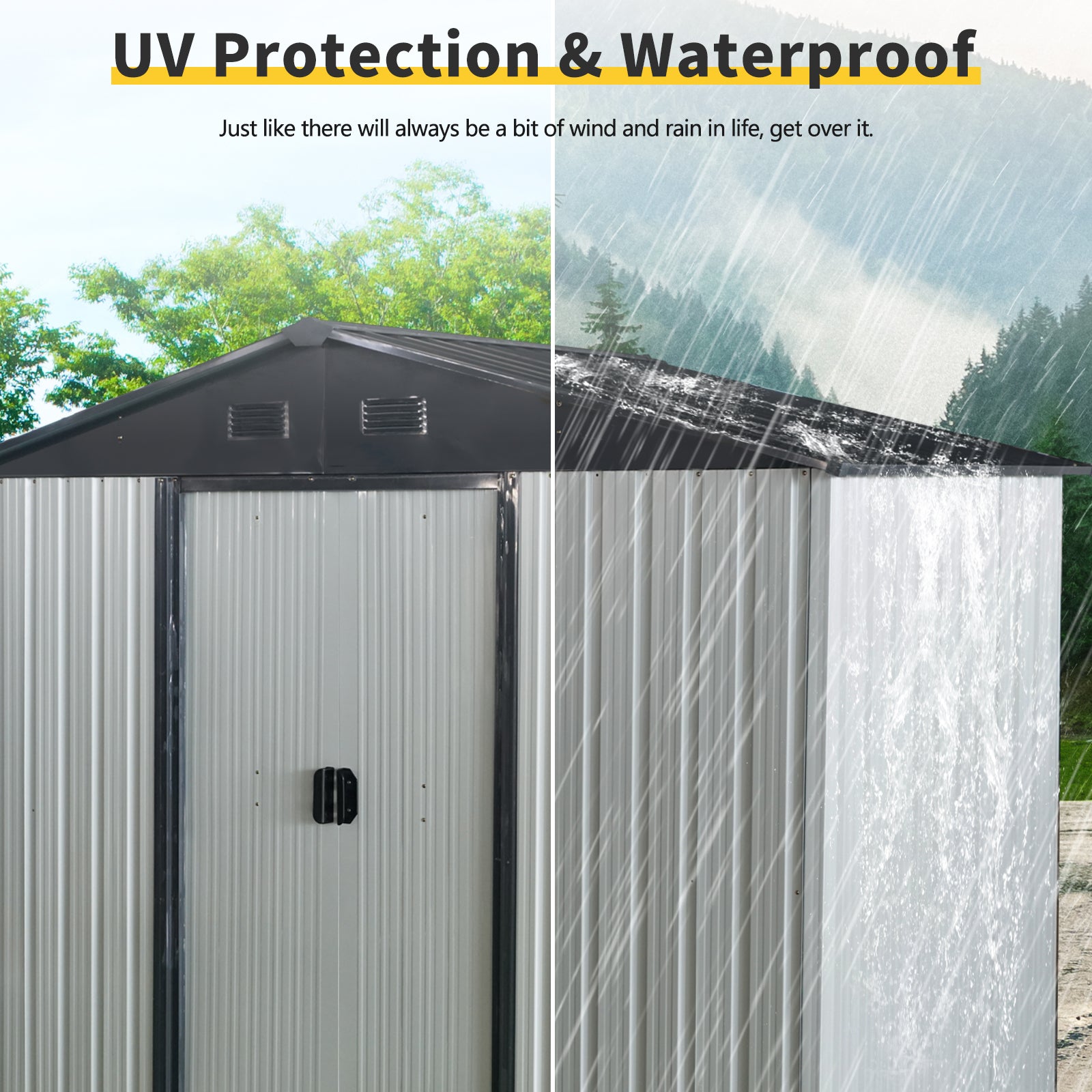 8ft x 4ft Outdoor Metal Storage Shed with Sliding Door and foundation for Backyard, Patio, Lawn - White and Black