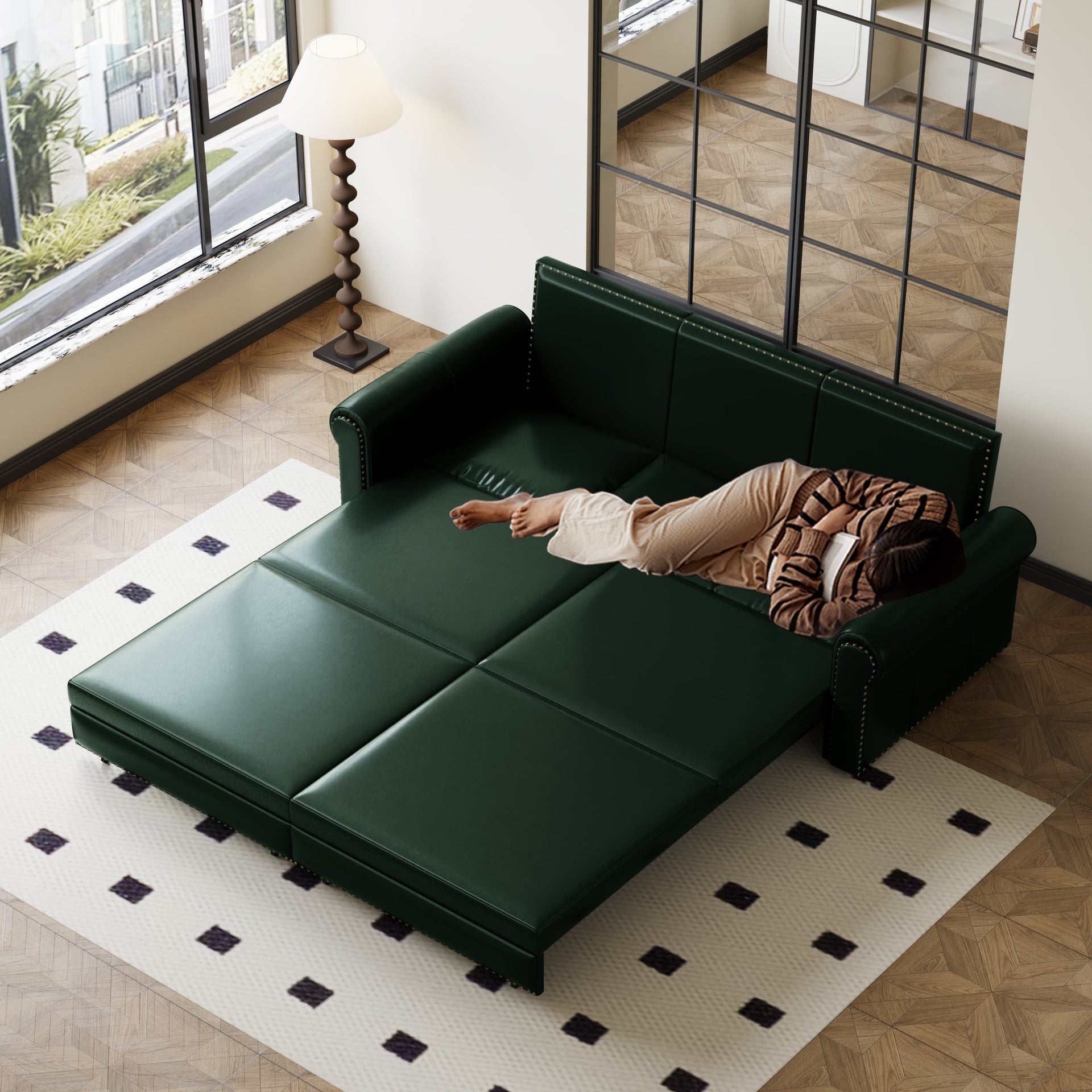 Chesterfield Sofa,93.7" King Pull Out Sofa Bed,3-in-1 Faux Leather Convertible Sleeper Sofa with Nailhead Trim & Rolled Arm,Multi-Functional Sofa Bed for Living Room,Bedroom
