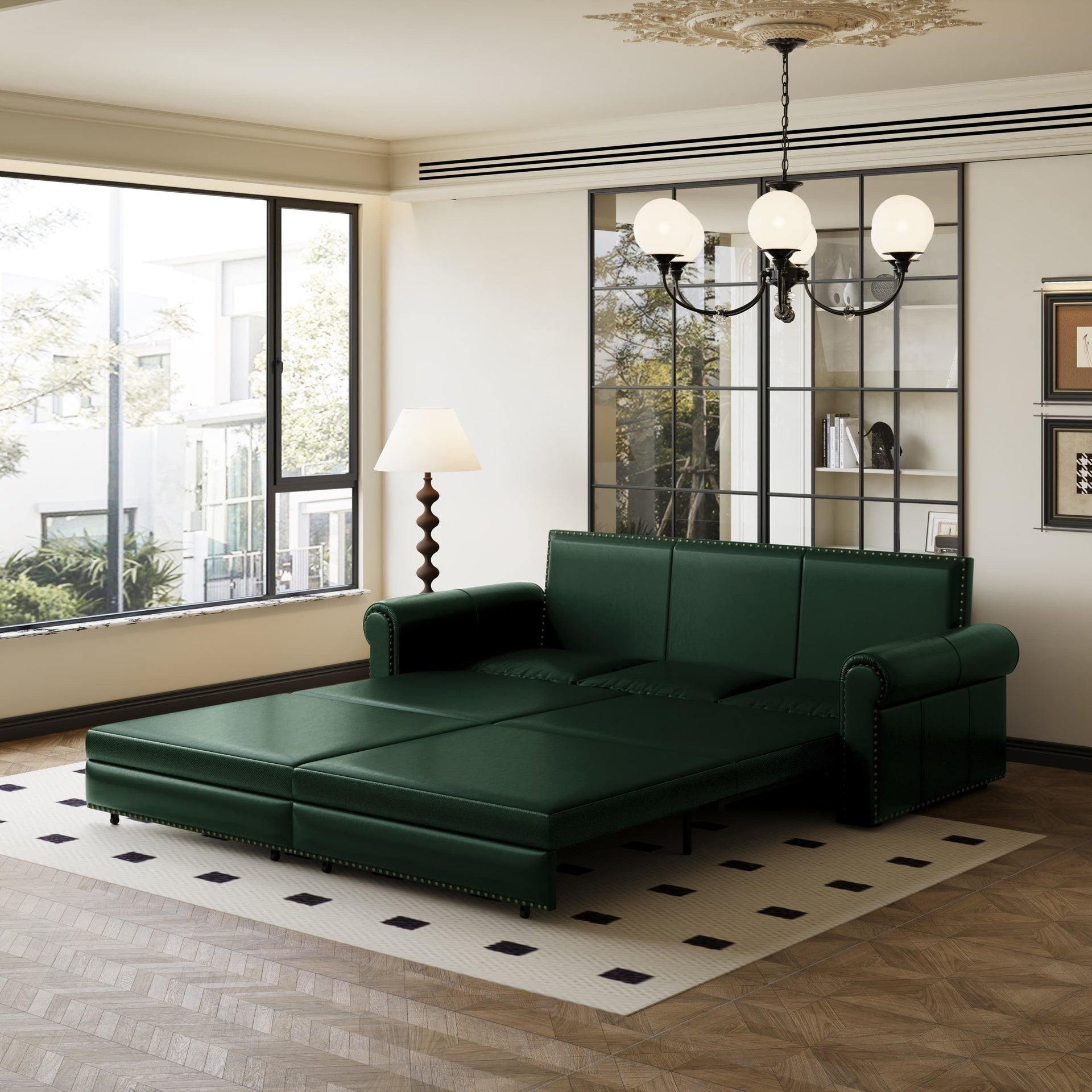 Chesterfield Sofa,93.7" King Pull Out Sofa Bed,3-in-1 Faux Leather Convertible Sleeper Sofa with Nailhead Trim & Rolled Arm,Multi-Functional Sofa Bed for Living Room,Bedroom